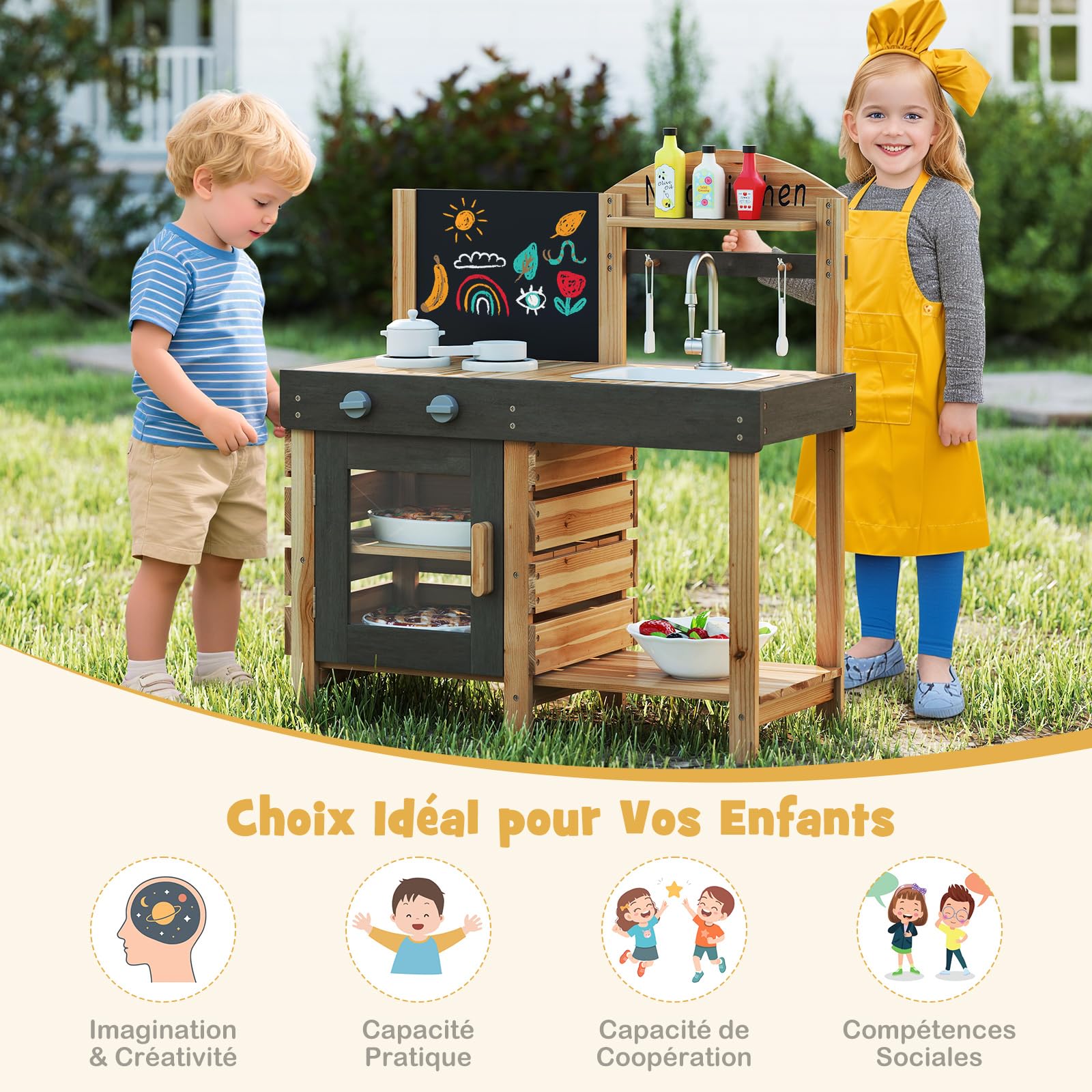 COSTWAY Cuisine Extérieure Enfant avec Tableau Noir & Four, Cuisine de Boue en Bois avec Évier & Robinet, 5 Accessoires, Étagère de Rangement, Jouet de Simulaiton pour Enfant de 3 Ans+