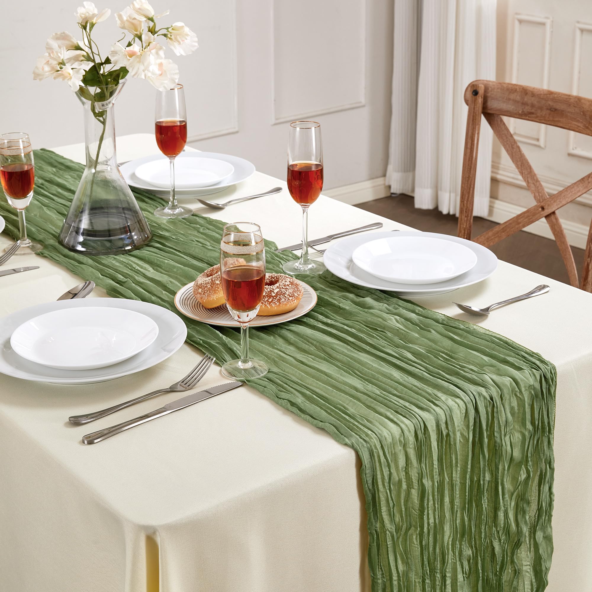Photo 1 of Sage Green Cheesecloth Table Runner 10FT Long Summer Boho Gauze Table Runner Rustic Sheer Runner for Spring Wedding Bridal Baby Shower Birthday Party Table Decor Easter Decorations