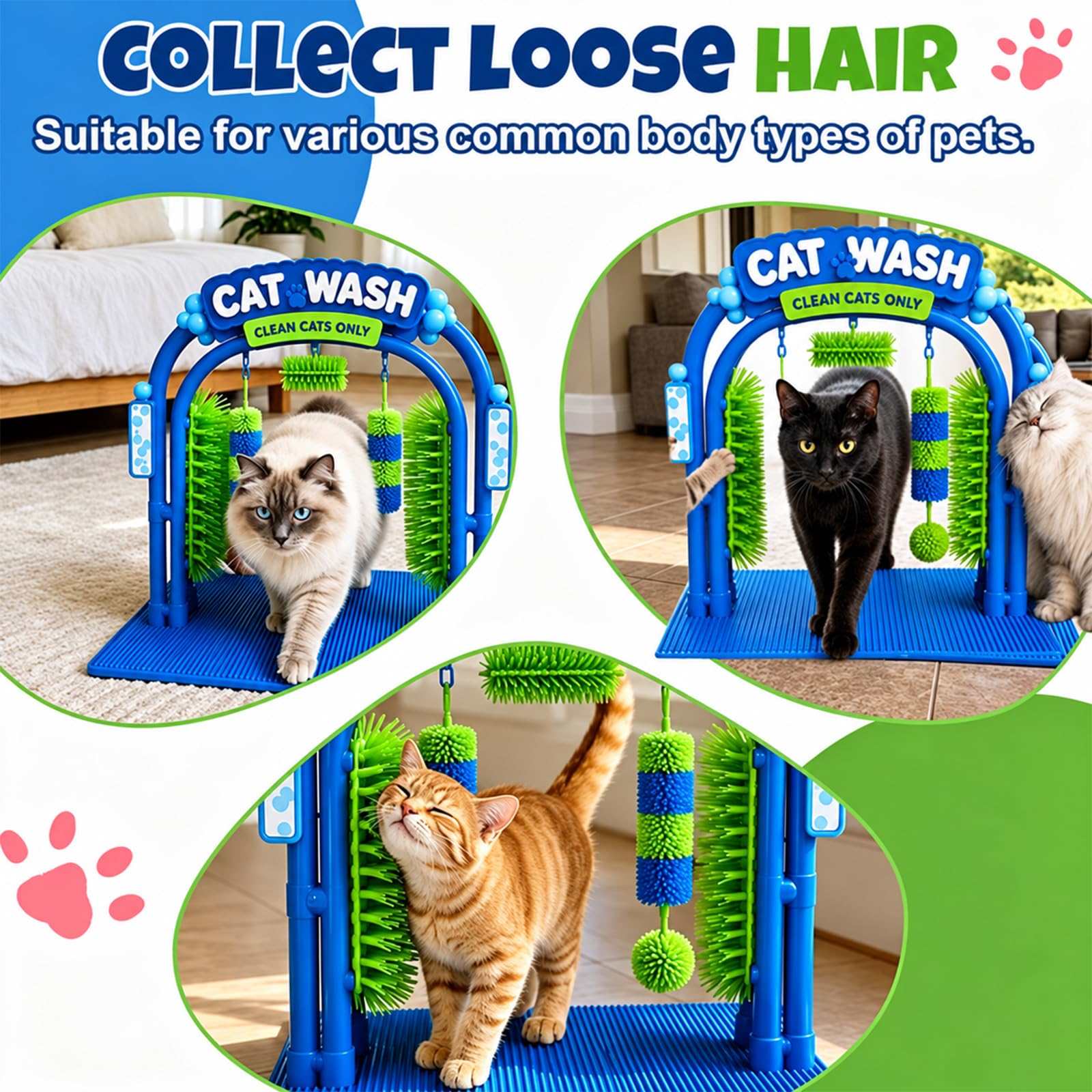 Cat Wash Grooming Station für Katzen, Selbstpflege Bogen mit Massagebürste, Fellpflege Bürste zur Haarentfernung für Wohnungskatzen, Katzen Pflegestation mit Stabiler Basis und Fischspielzeug (2Pcs)