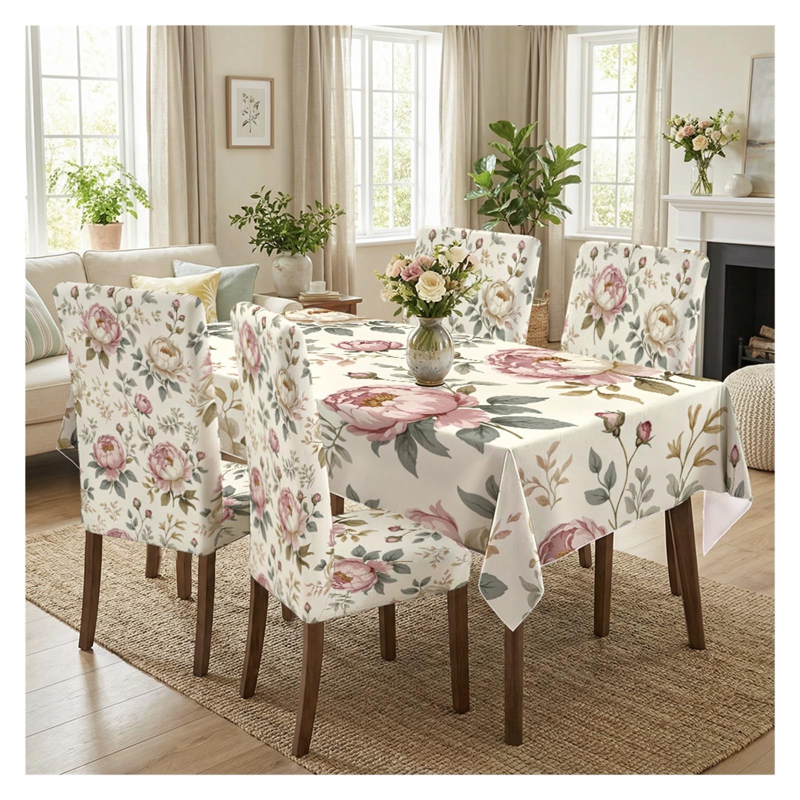 BOSUYBN Blush Peony Vintage Floral Dining Chair Covers & Tablecloth Set, 5/7 Piece Cottagecore Garden Slipcovers For Farmhouse Home Decor Table Setting(5pcs Set: Tablecloth+Chair Covers)