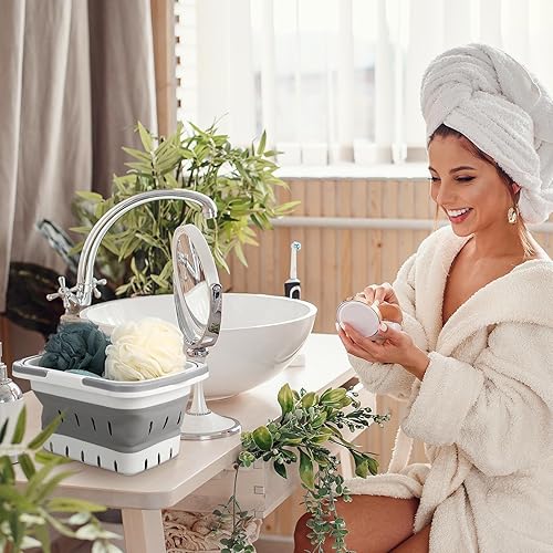 Miniatura 5 de Sliner Paquete de 2 canastas portátiles para ducha con asas, cesta organizadora de almacenamiento pequeña plegable de plástico para suministros de