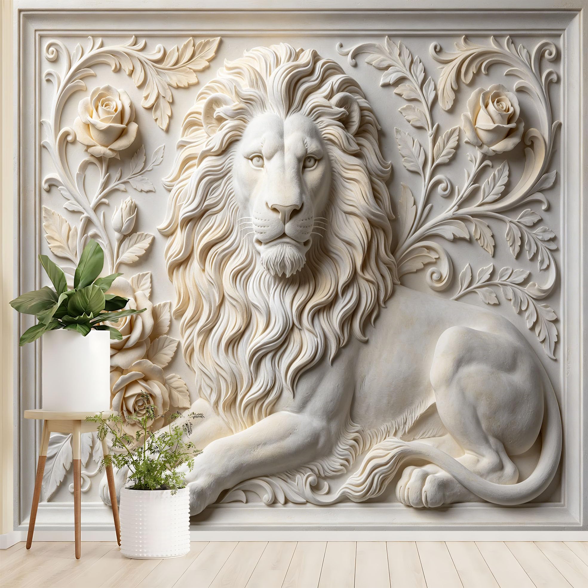 Rzeźba lwa z motywem kwiatowym 3D Wytłaczana figurka zwierzęcia tapeta flizelinowa luksusowa europejska roślina lwa botaniczna fototapeta 350 x 256 cm kremowa biała dekoracja ścienna do salonu