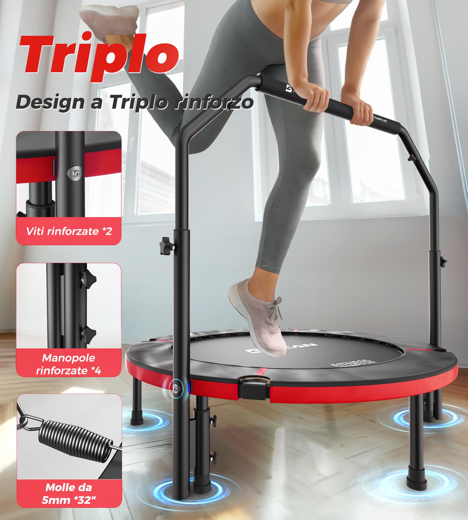 Trampolino da interno BCAN, mini trampolino fitness pieghevole da 102 cm, per adulti con maniglia regolabile, carico massimo 150 kg, ideale per l'allenamento a casa e l'allenamento fisico
