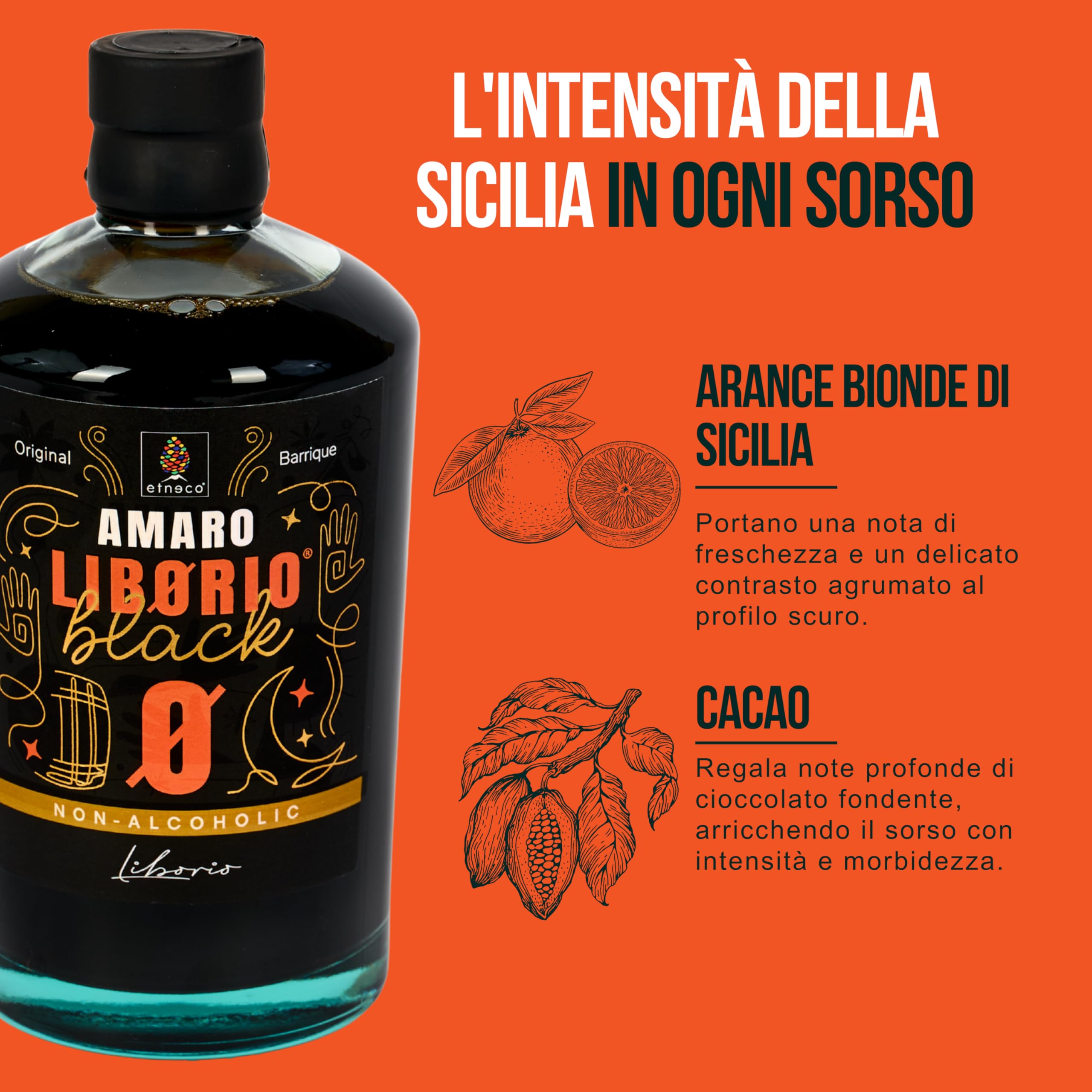 Amaro Liborio Black Analcolico 50cl – Amaro Siciliano Senza Alcol con Note di Cacao e Spezie – Gluten Free, Vegano