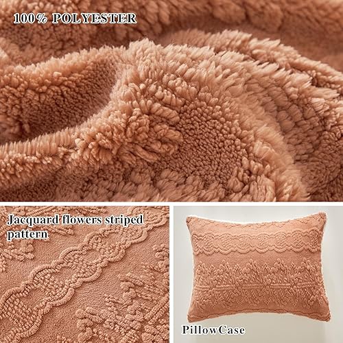 Miniatura 6 de Juego de edredón de lujo de franela de forro polar, tamaño individual, edredón jacquard bohemio a rayas de plumón alternativo coral, juego de ropa