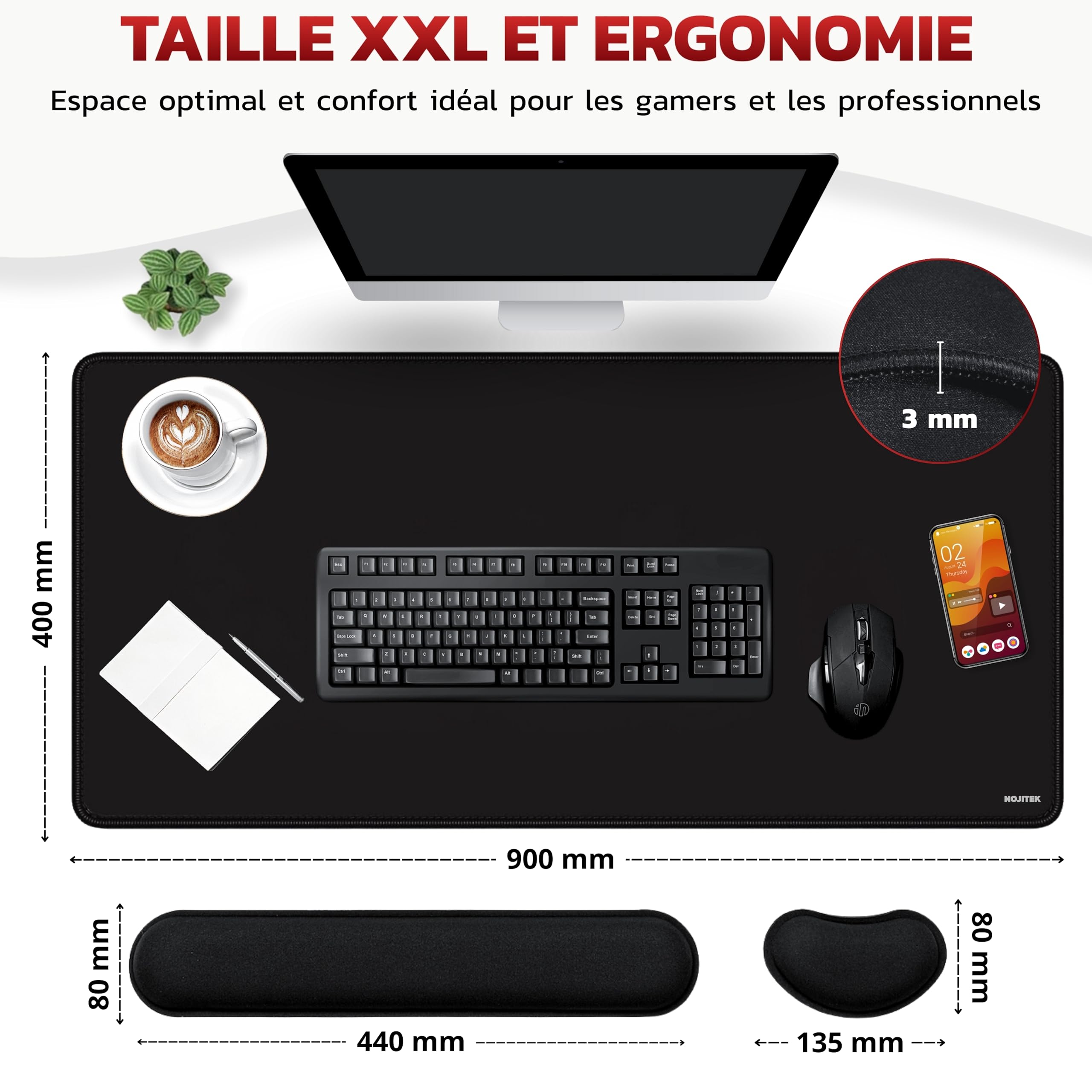 Tapis de Souris XXL 900x400x3 mm avec Repose-Poignet Souris & Clavier | Grand Tapis Ergonomique pour Bureau, Gamer & Professionnel | Imperméable, Antidérapant – sous-Main Confort Durable Noir
