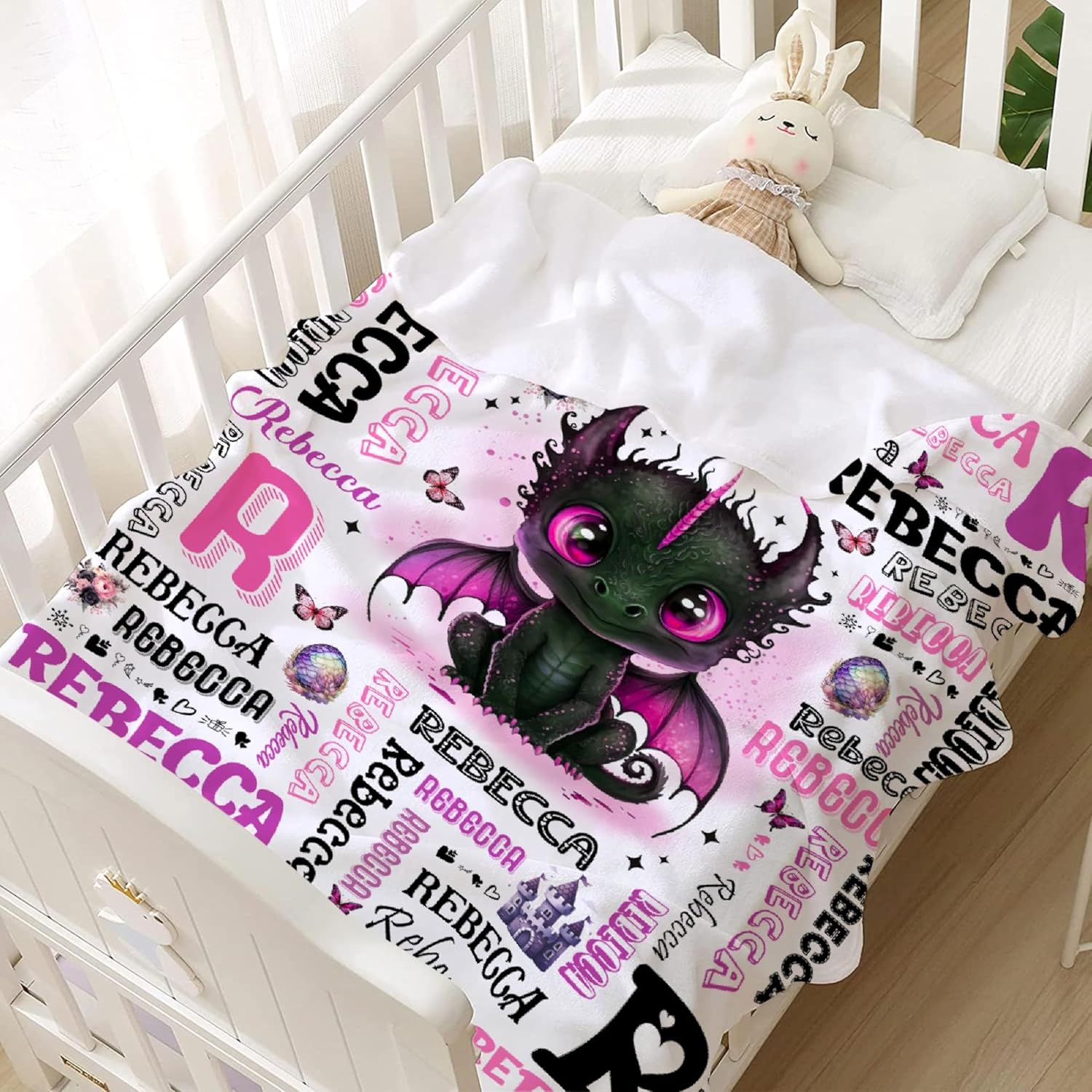Personalized Baby Dragon Custom Blanket with Name - Soft Flannel Throw for Boys Girls Toddlers Infants Kids Newborns - Nursery Stroller Crib Decor Gift for Birthday