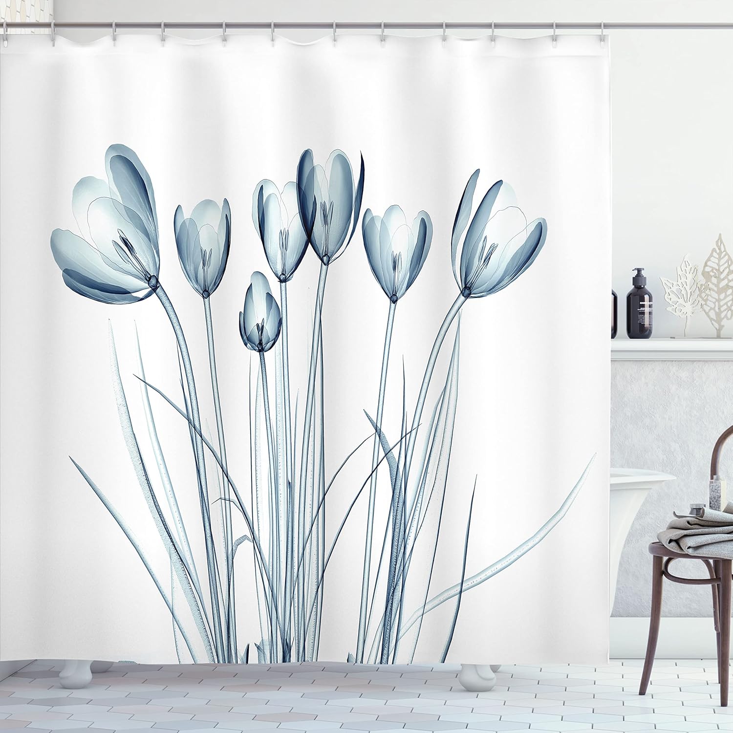 Ambesonne Flower Shower Curtain and Hooks X-ray Image of Tulips Solarized Effect Nature Inspired Print 100% Polyester Cloth Washable Fabric Decor for Bathroom and Guest Room 69" W x 84" L Petrol Blue