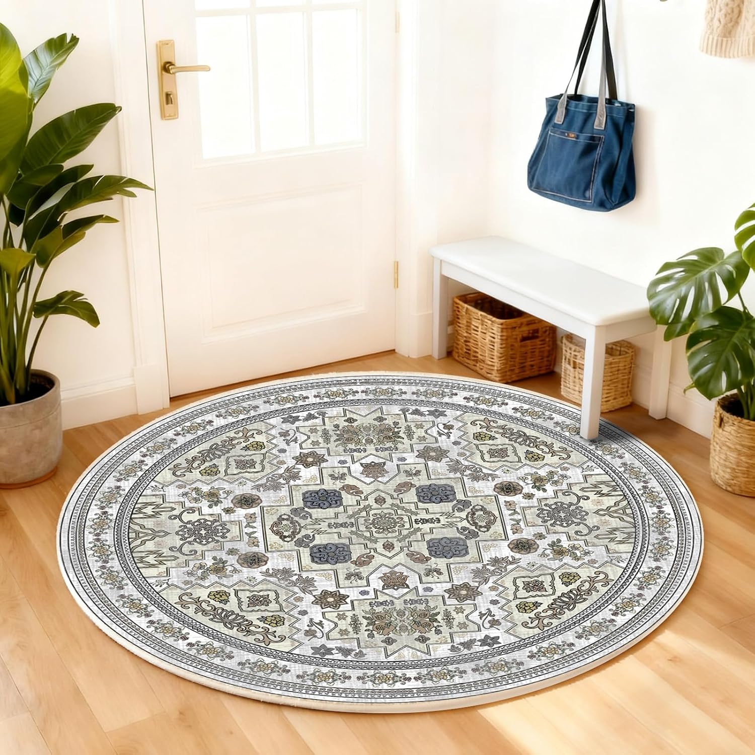 Round Rug 4ft Vintage Boho Small Circular Rug Washable Circle Rug Non-Slip Low Pile for Bedroom Kids Room Office Entryway College Dorm Bathroom, Beige