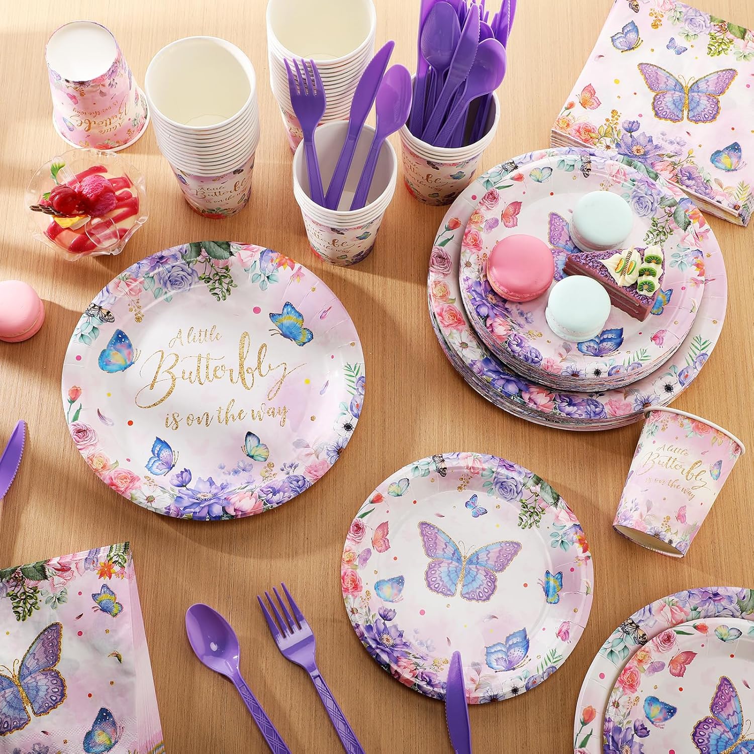 Ziliny 280 Pcs Butterfly Baby Shower Paper Plates and Napkins Paper Cups Plastic Knives Forks Spoons Disposable Tableware Set for Butterfly Theme Birthday Party Supplies, Serve 40