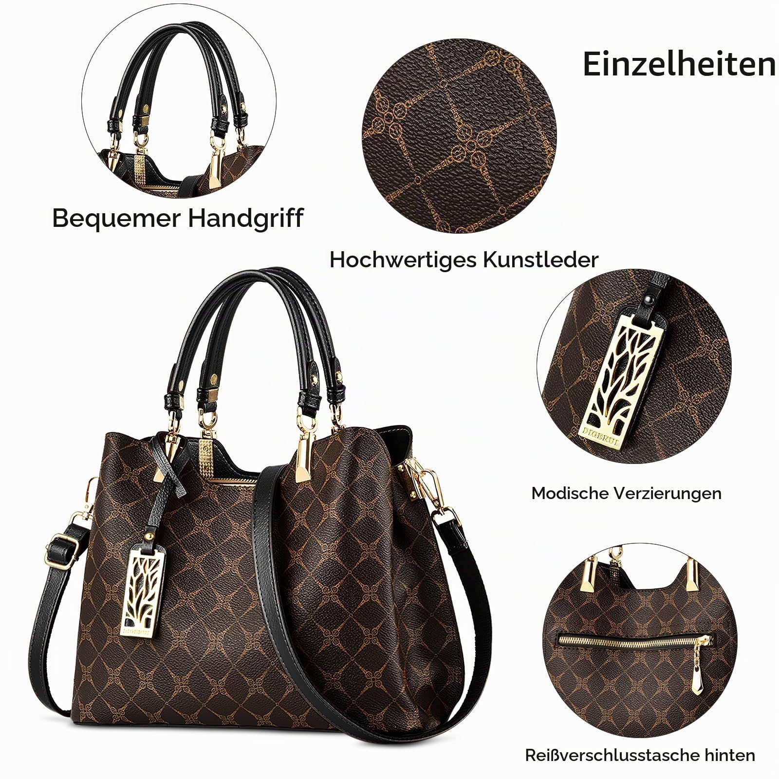 DIRRONA Damen Handtasche Mittel Schultertasche Casual Umhängetasche PU Leder Tasche Shopper Party Top Tragetasche Eleganter Druck Frauen Henkeltaschen Mit Anhänger
