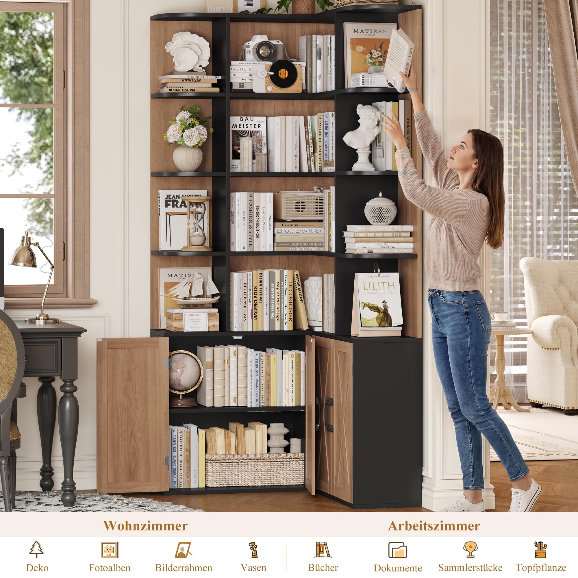 FirFurd 187cm Bücherregal mit Türen， Eckregal mit 12 Fächern L-förmiger | Bücherschrank mit Türen, Bücherregal, Hochschrank Regal für Wohnzimmer, Büro, Arbeitszimmer, 187x80x80cm