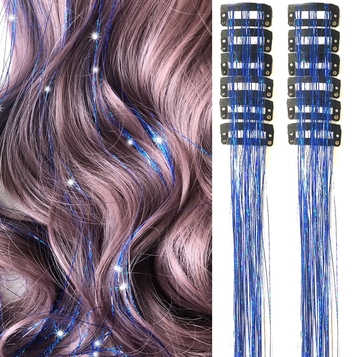 Sapphire blue Clip in Hair Tinsel Extensions Pack of 12 Pcs 24 Inch Glitter Heat Resistant Party Dazzle Fairy Hair Accessories Strands Kit(Sapphire