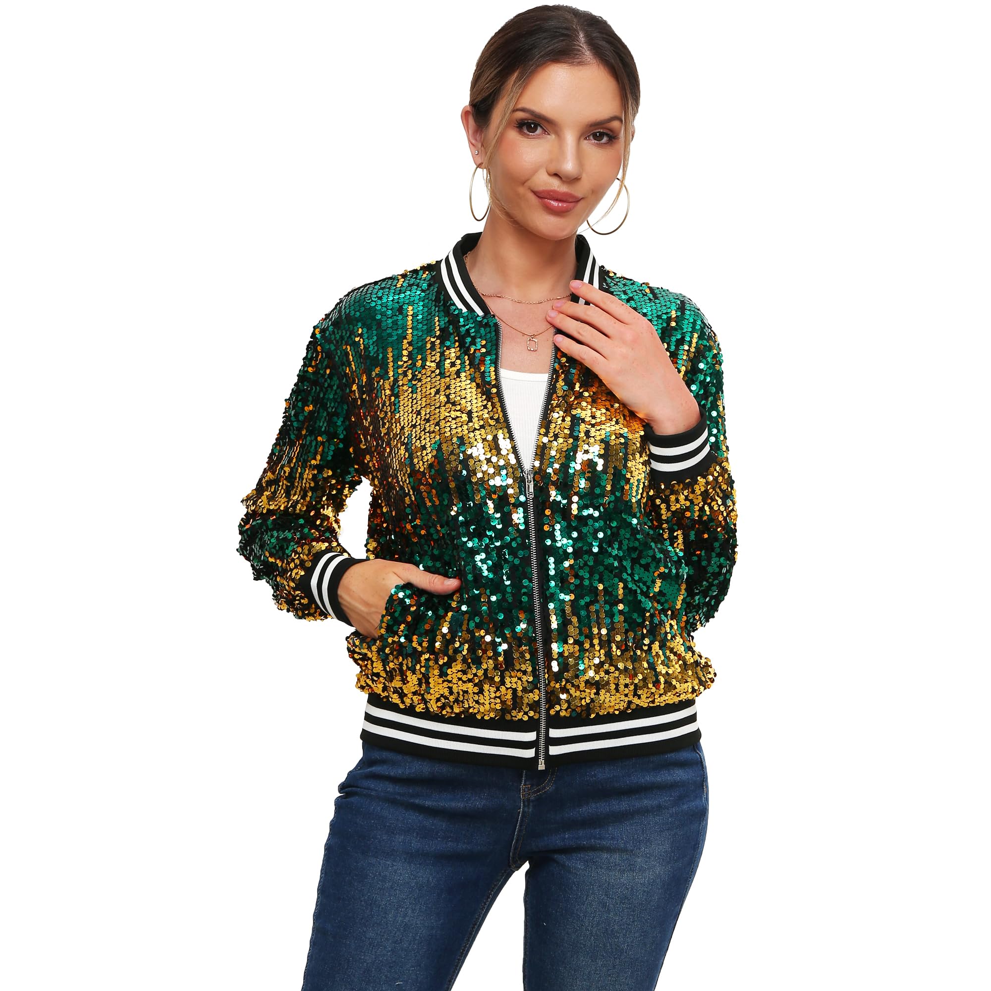 THANKPEARL Womens Sequin Jacket Long Sleeve Zipper with Pockets Casual Party Sequin Bomber Jacket