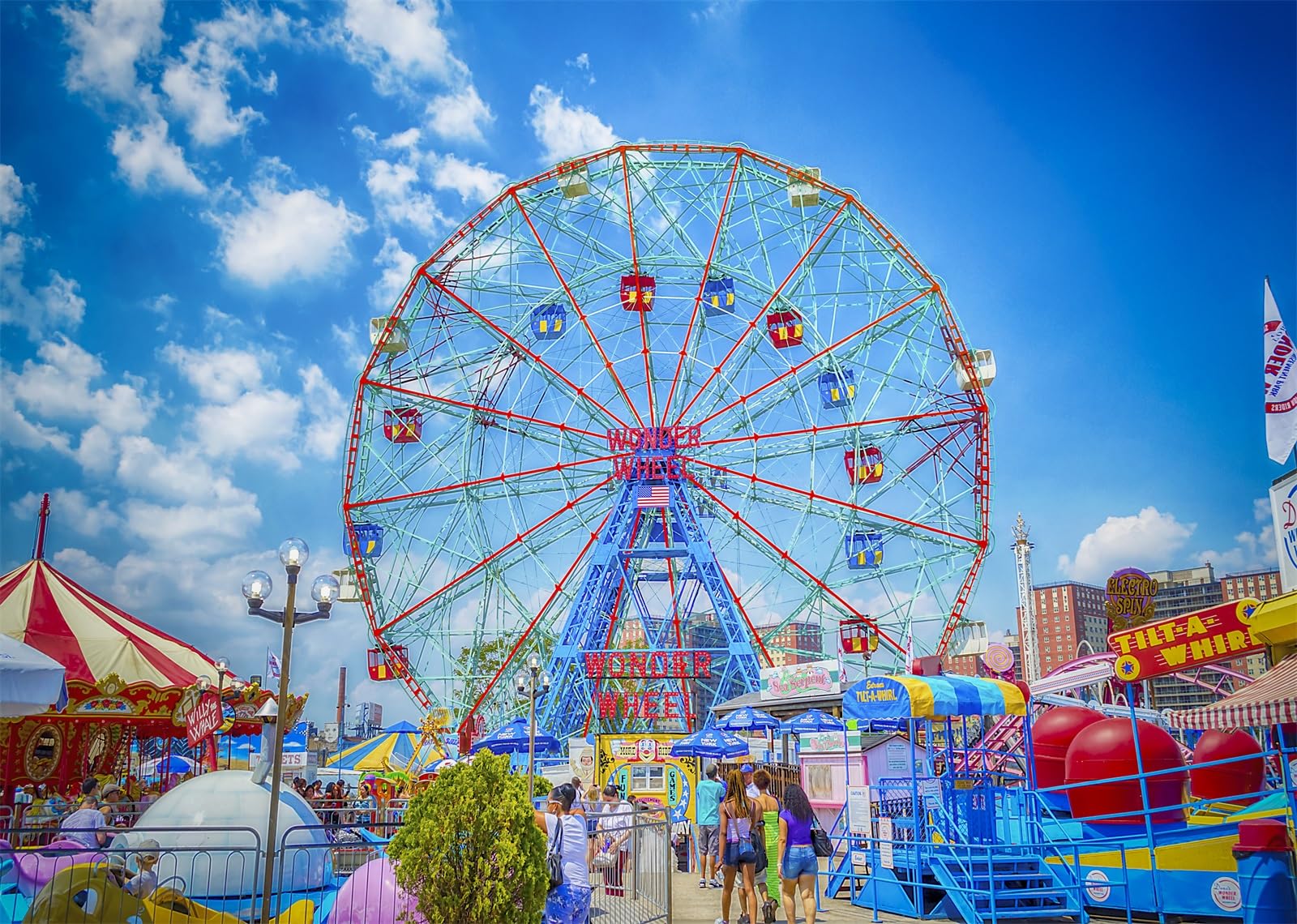 Loccor 7x5ft Fabric Amusement Park Ferris Wheel Backdrop Coney Island Famous Wonder Wheel with Typical Rides Carnival Photography Background Kids
