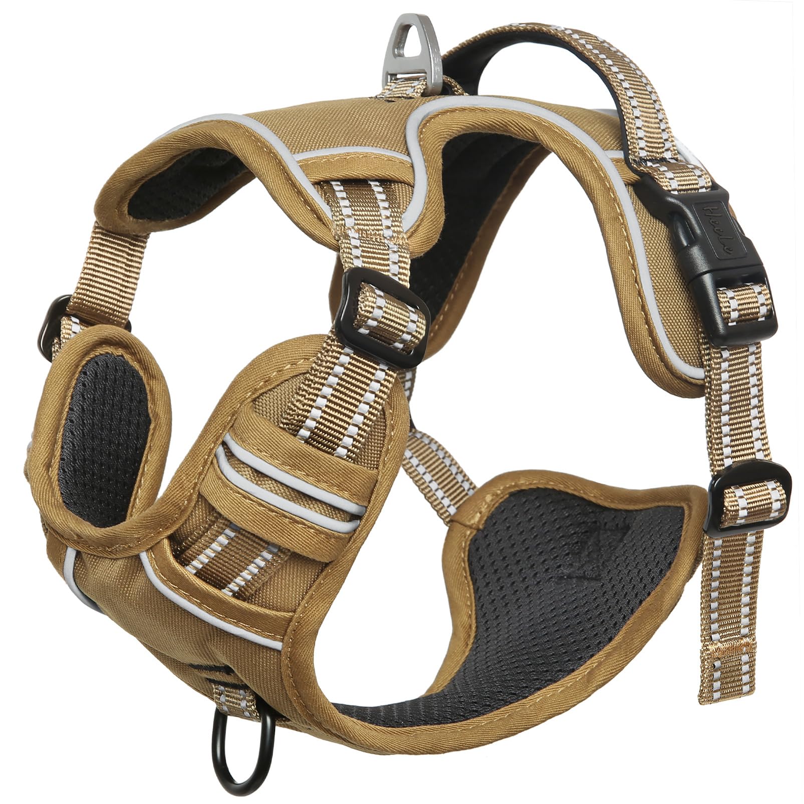 HEELE Harnais Chien, Harnais Chien Anti Traction, Réfléchissant, avec Poignée Rembourrée Contrôl, 2 Anneaux Métal, Harnais pour Petit Moyen et Grand Chien, Marron, M
