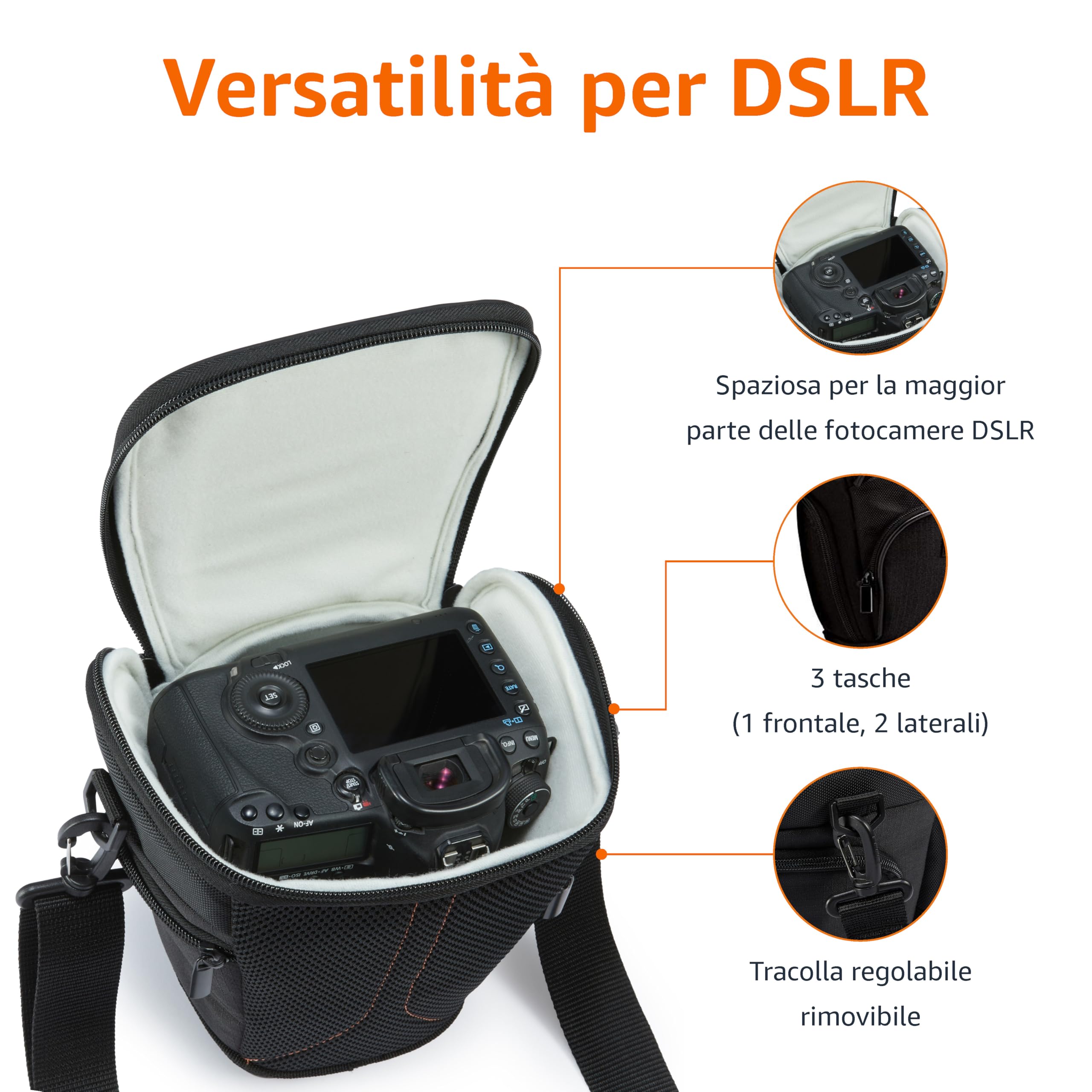 Amazon Basics Borsa a Stile Fondina per Corpo Fotocamera SLR ed Obiettivo, Tracolla Staccabile, Impermeabile, Antishock, Imbottita, Tasca per Accessori - Nero, Tinta unita