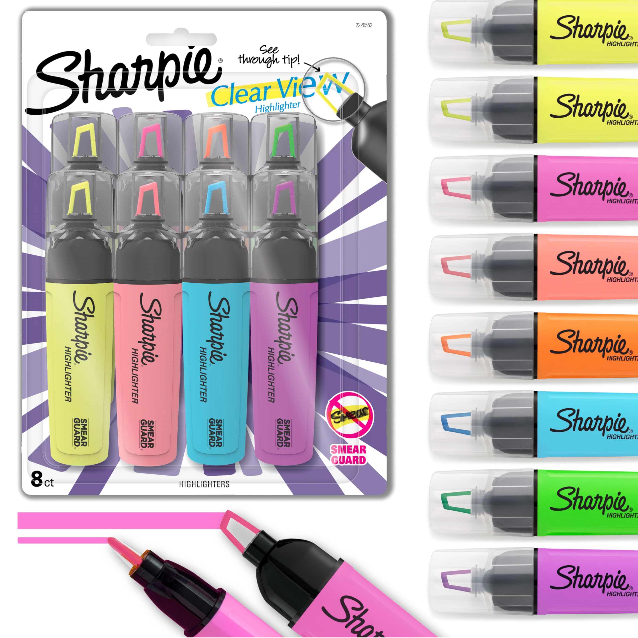 Sharpie Highlighters | Clear View Highlighter Pens with See-Through Chisel Tip | Assorted Fluorescent Ink Colours | 8 Count