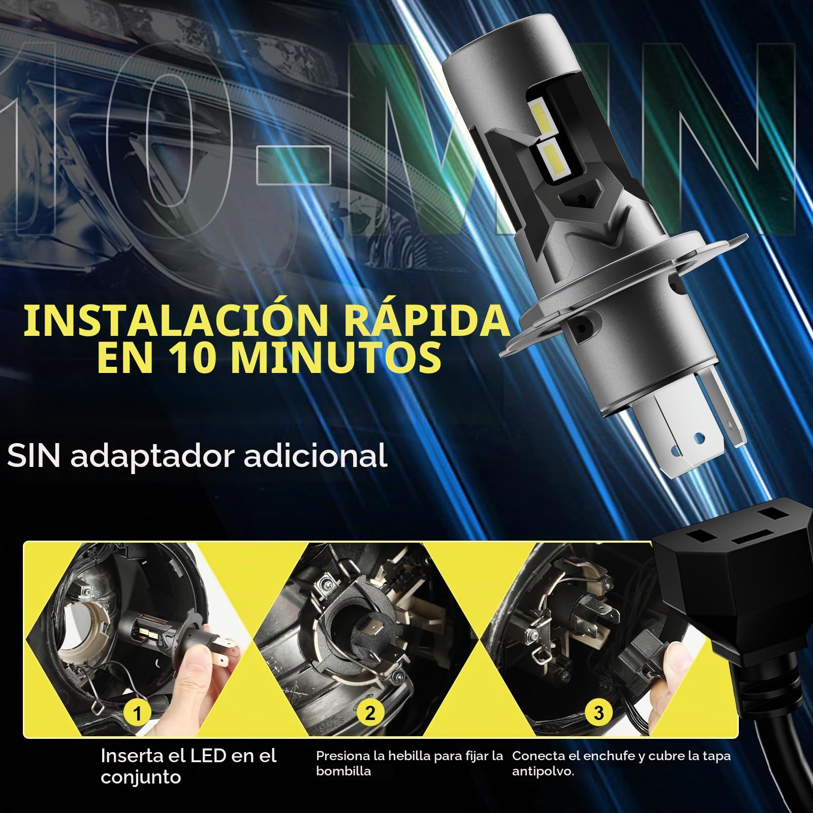 KOYOSO Bombilla H4 LED 100W 26000LM Faros Coche Luces Cortas/Largas | 1:1 Size Design, CANBUS Ready,Fit for Auto/Moto,IP68,No Adapter Required,15000RPM Ventilador Integrado,50000+HRS Lifespan
