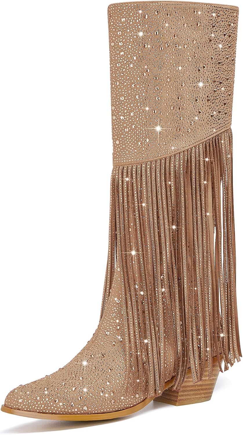 Women's Sparkly Fringe Rhinestone Knee High Cowboy Boots Glitter wide calf Pull On Pointed Toe Low Chunky Tall Cowgirl Boots Fashion bling Sexy Retro Party Wedding Shoes