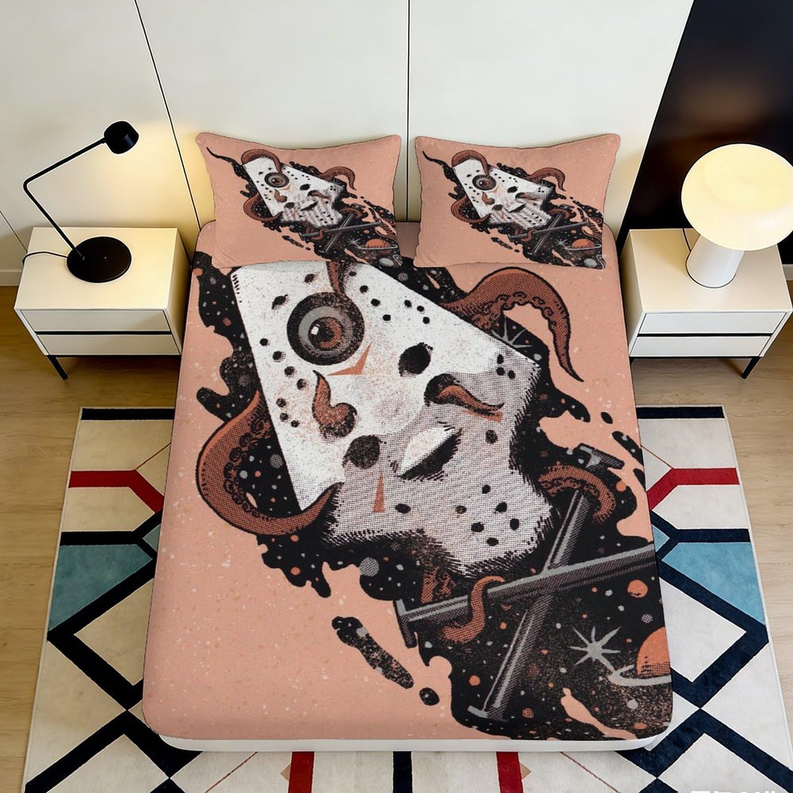 3D Printed Horror Mask Fitted Sheet Microfiber Peach Decor Octopus Bed Cover for Bedroom Guest Room Dorm 90x200x25cm