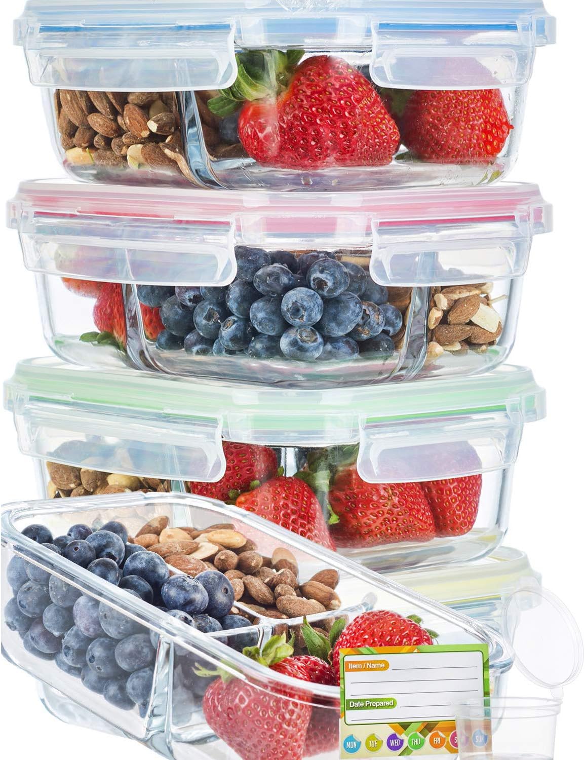 Glass Meal Prep Containers 3 Compartment Super Bundle (5-Pack With Sauce Cups & Labels) Meal Prep Glass Containers/Bento Box Containers. Microwave & Oven Safe. Bento Box Lunch Glass Container.