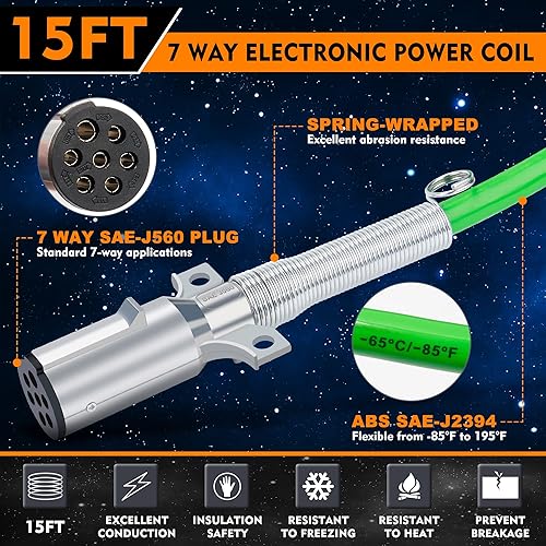 Miniatura 2 de Cable de remolque ABS de 7 vías, 15 pies recto de 7 vías ABS en espiral, cable de alimentación eléctrica resistente, cable de alimentación para