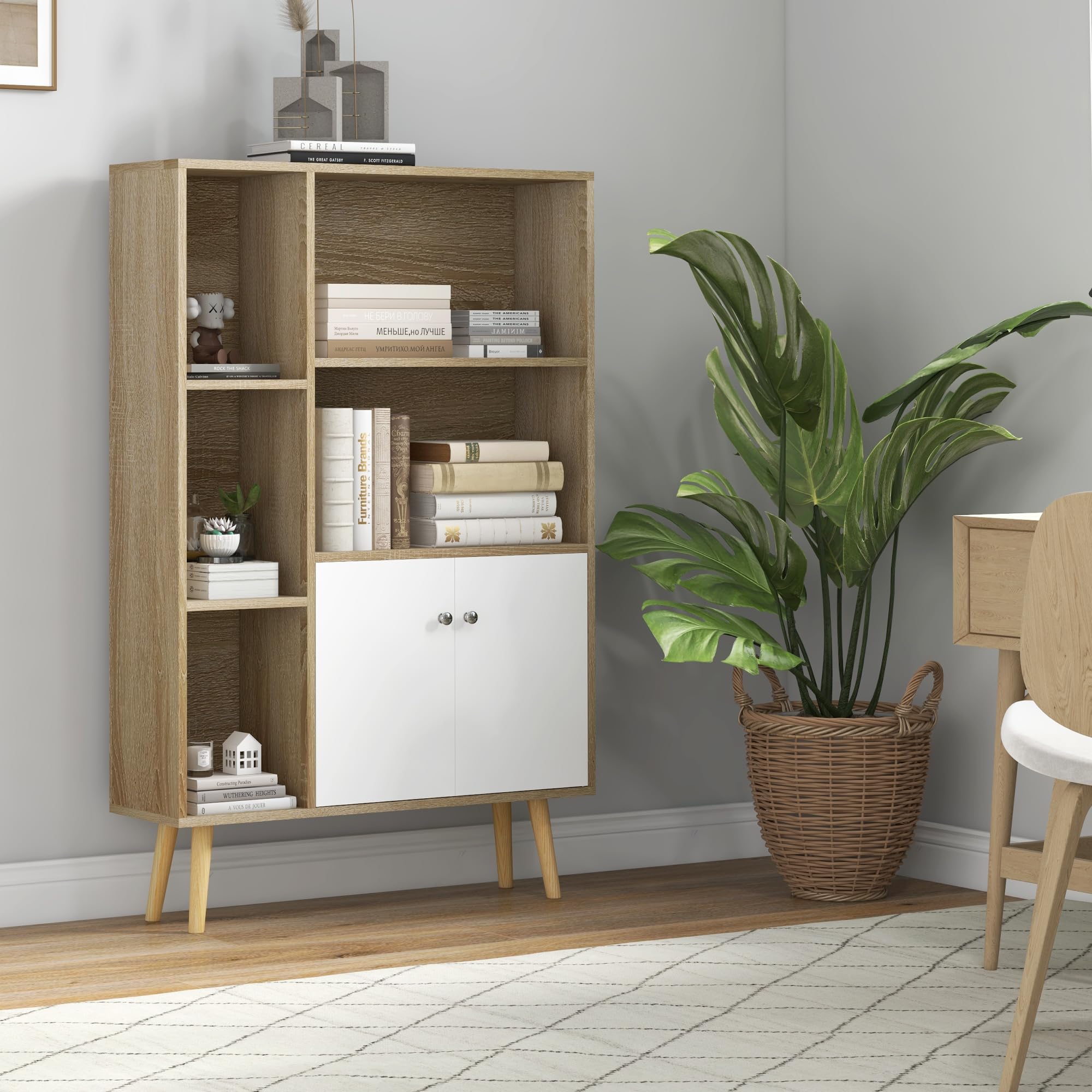 HOMCOM Bibliothèque 5 Niches Placard 2 Portes 80L x 23,5l x 123H cm Chêne