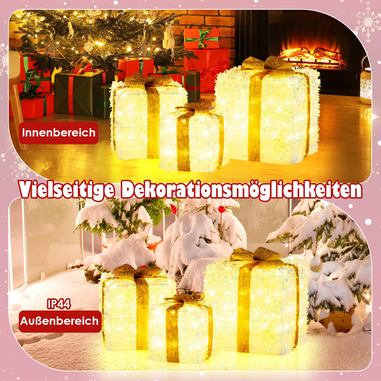 COSTWAY LED Geschenkbox 3er Set, beleuchtete Weihnachtsdeko mit 200 warmweißen LED-Lichtern, Weihnachtenbox mit goldenem Schleifen, Weihnachten Dekoboxen, Weihnachtsbeleuchtung für außen & innen