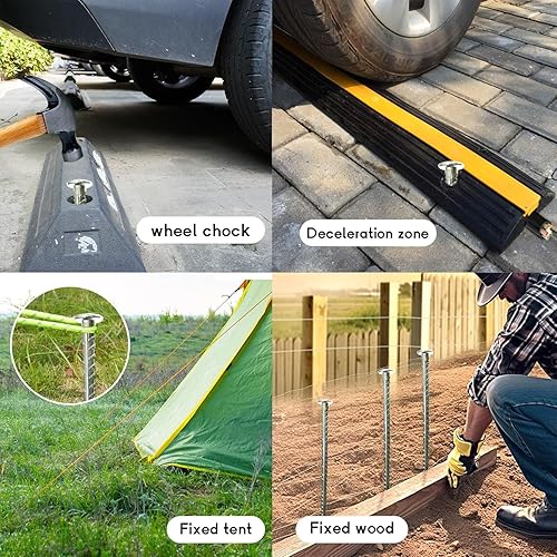 Miniatura 4 de FOMMEN Estacas de metal de 16 pulgadas para asfalto de 12 pulgada de diámetro, 6 estacas de tierra resistentes para golpes de velocidad, soporte de