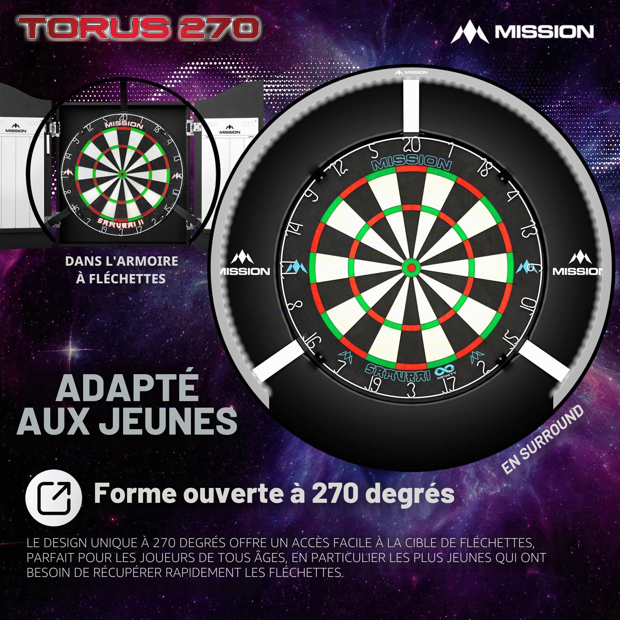 Mission Darts Torus 270 | Système d'éclairage LED pour cible de fléchettes avec accès facile à la zone de jeu de fléchettes pour un jeu illimité. Disponible en noir, rouge et bleu sablé