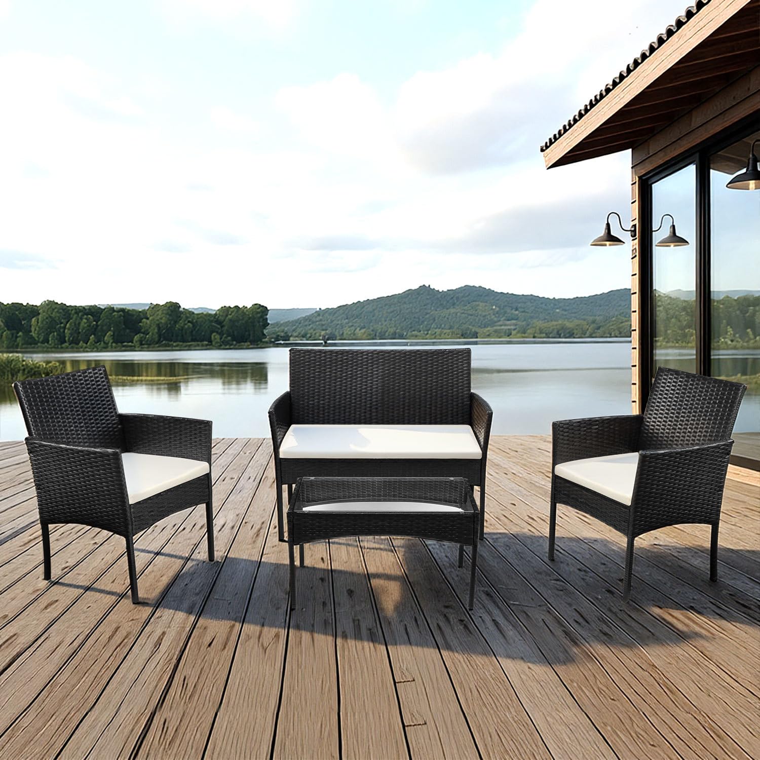Ensemble de meubles de jardin 4 pièces en rotin synthétique avec table en verre, 2 fauteuils et canapé 2 places, salon compact avec coussins de 5 cm pour balcon, terrasse, jardin, noir
