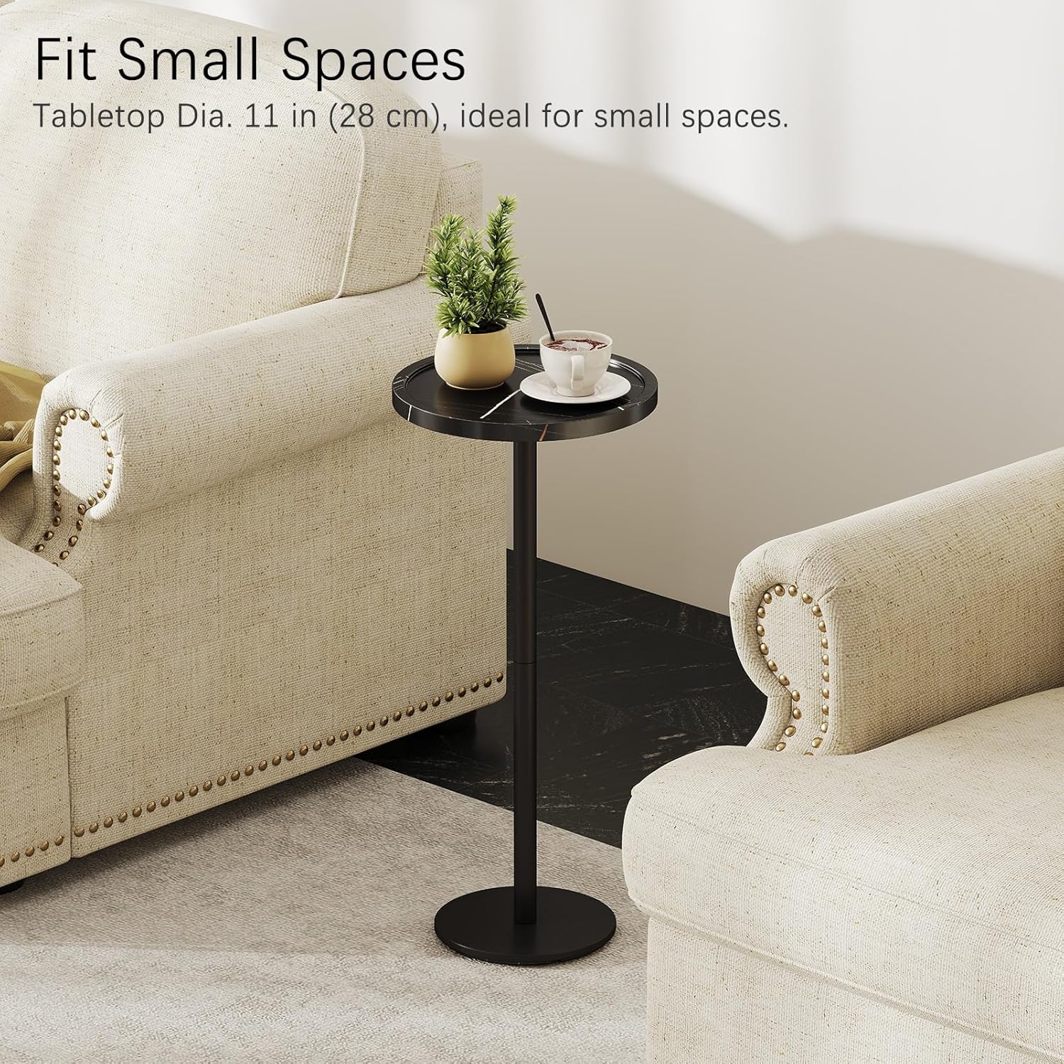 KJGKK Drink Table, 11 inch Dia., Small Pedestal Side Table, Round Cocktail Table, Circle End Table with Metal Base, for Small Spaces, Living Room, Bedroom, Faux Marble, Black