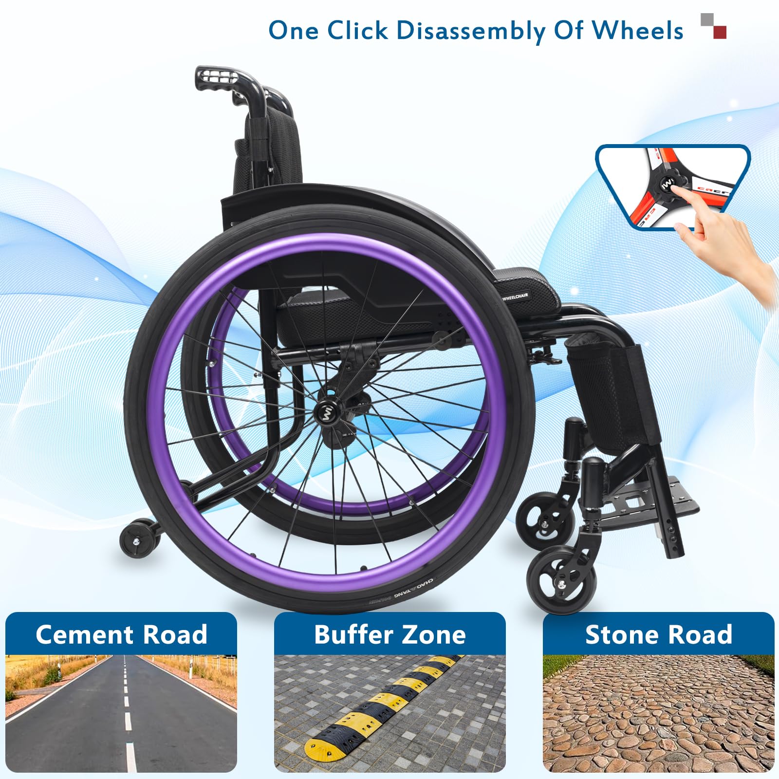 Fauteuil Roulant De Sports Légers, Fauteuil Roulant All Terrain, Fauteuil Roulant en Aluminium Détachable, Fauteuil Roulant Autonome Portable, pour Les Jeunes, Adultes(38cm/15in,Black)