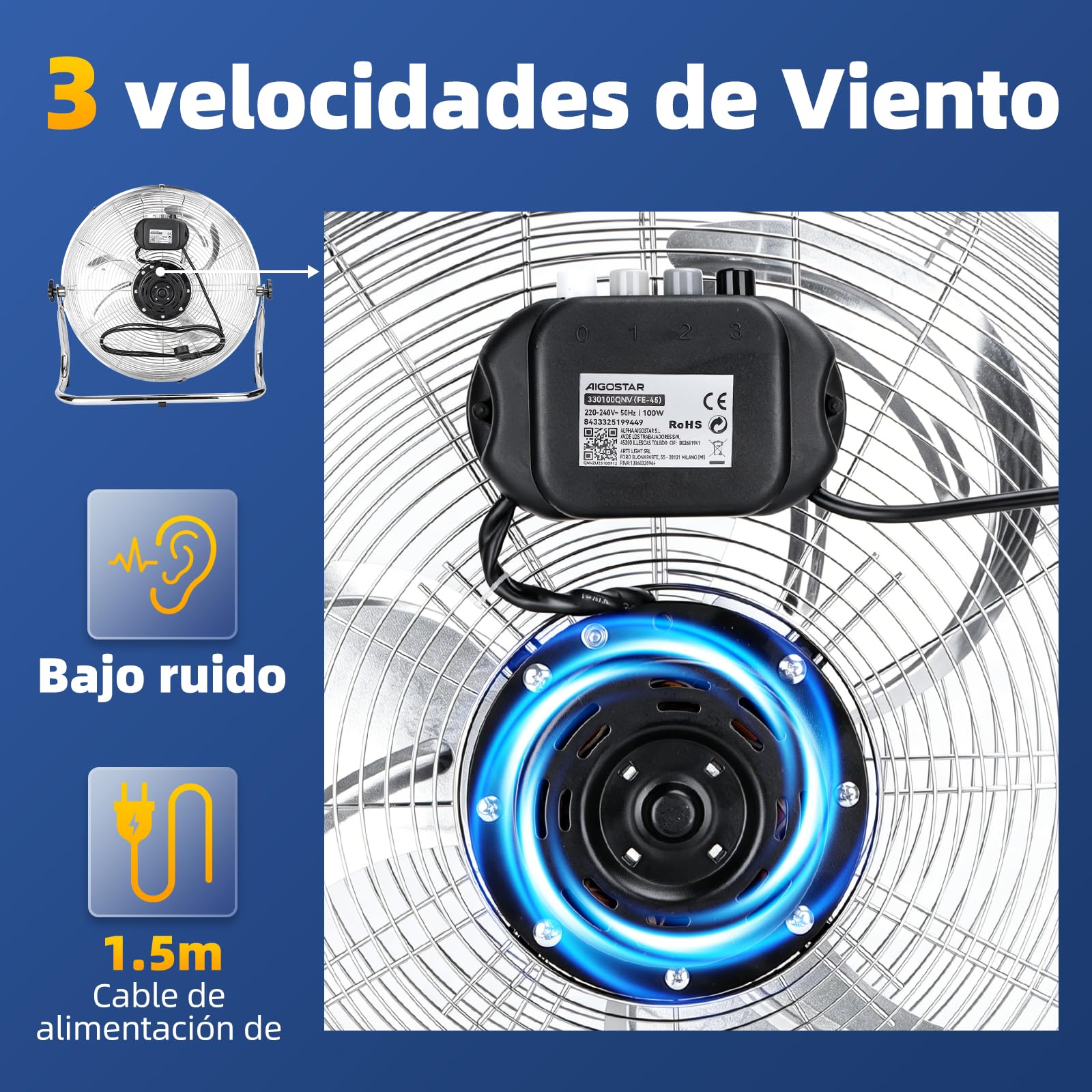 Aigostar Ventilador Industrial 100W, Diámetro 50 cm (20"), Motor de Cobre, Ventilador suelo, 3 Velocidades, Ajustable 120º, 3 Aspas Metálicas, Ventilador Potente, Clover