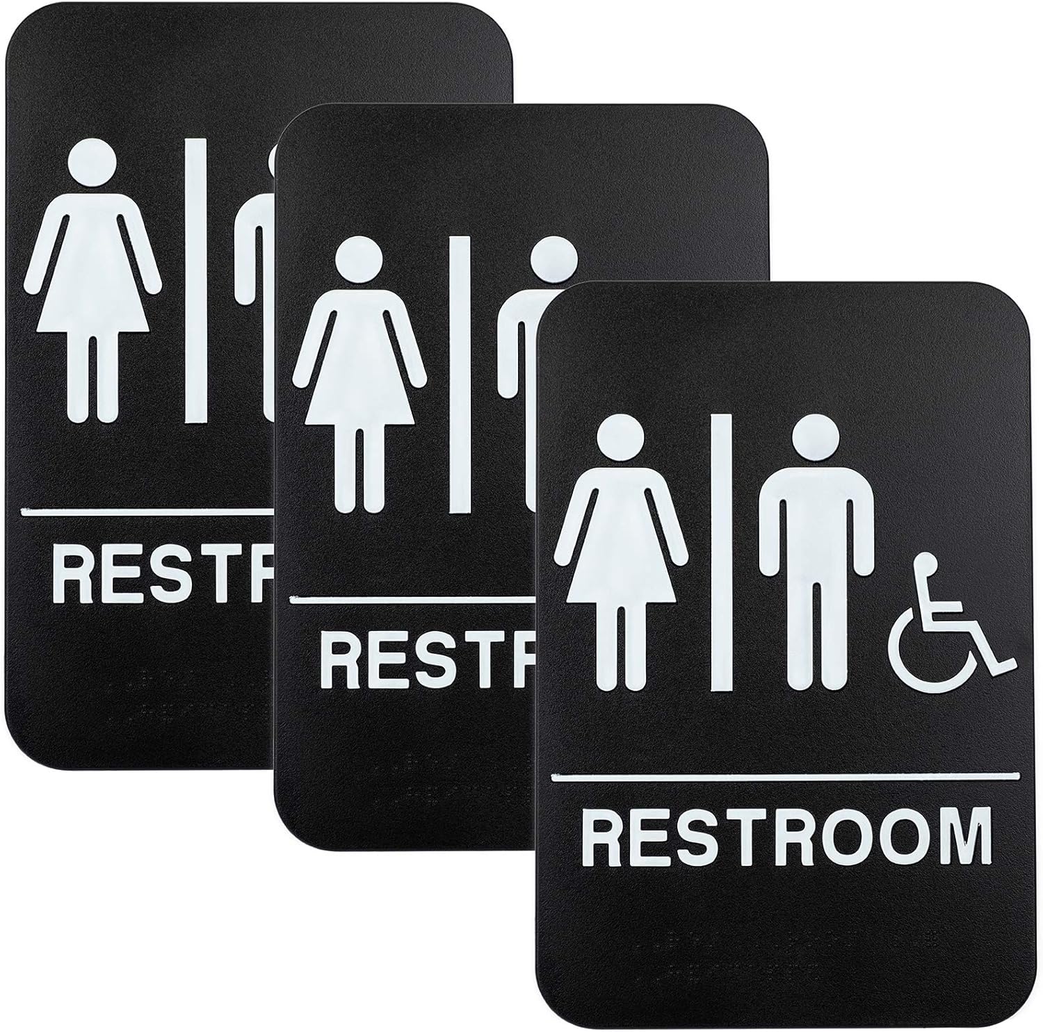 Excello Global Products Plastic Restroom Sign: Easy to Mount with Braille (ADA Compliant), Great for Business - 6x9, Unisex, Handicap - Pack of 3