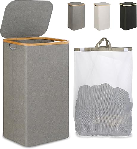 iEGrow Cesta de lavandería con tapa, cesta grande de 110 litros con asa y tapa, organizador plegable de ropa con bolsa interior extraíble para ropa,