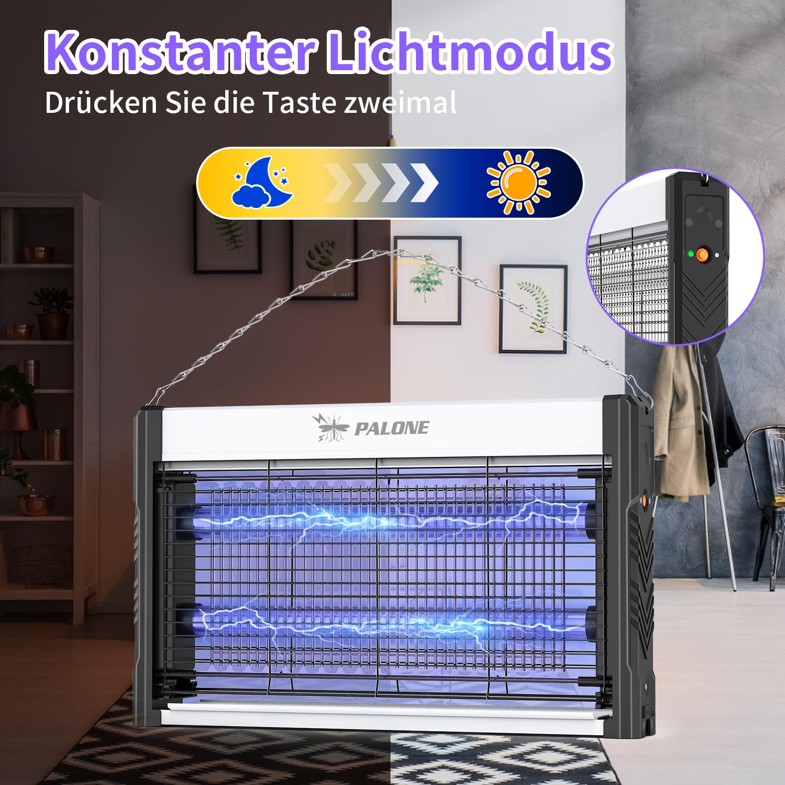 PALONE Elektrischer Insektenvernichter Solar, 3600mAh 4000V USB Insektenvernichter Elektrisch Mit Solarpanel, 2 LED UV-Licht, Tragbar & Effektiv für Innen und Außenbereich