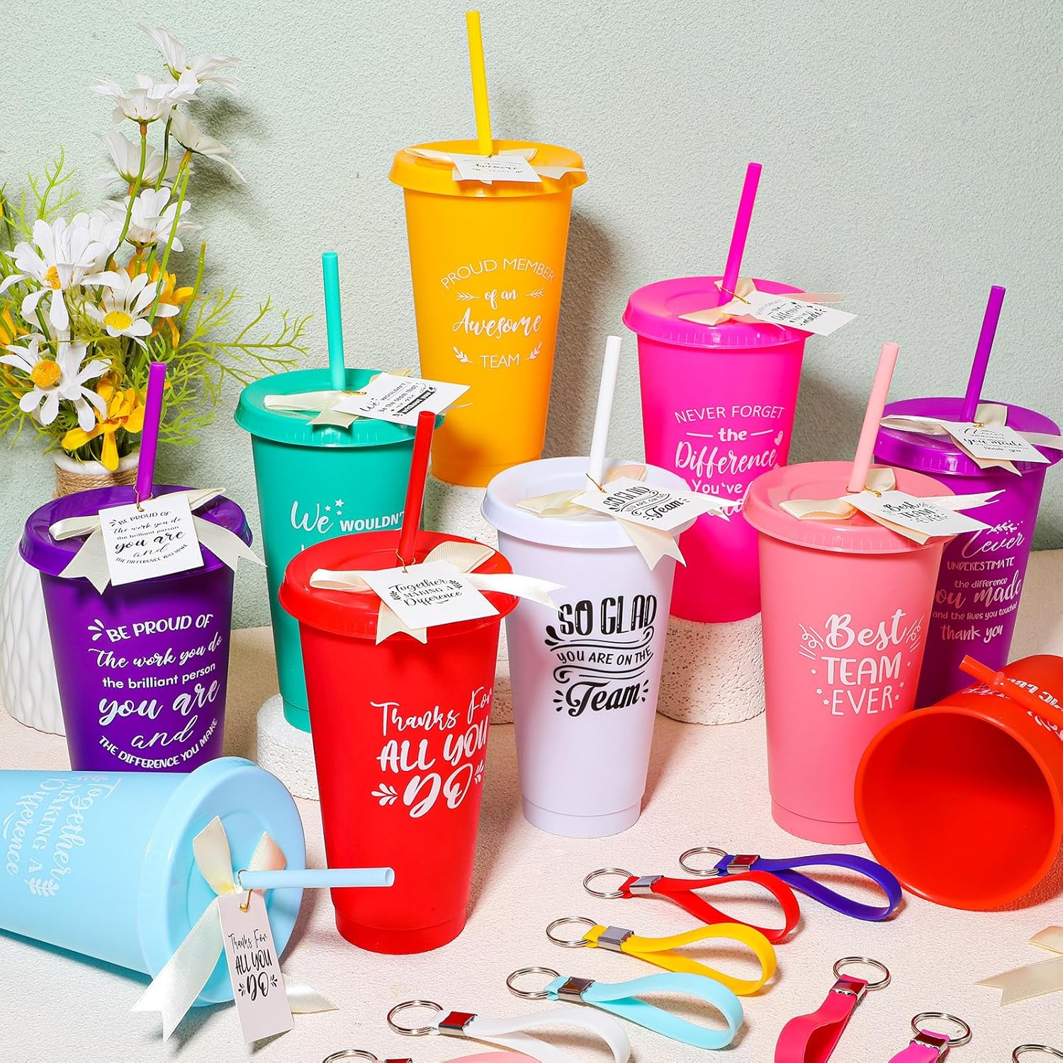 Tioncy 30 Sets Employee Appreciation Gifts Bulk 24 oz Plastic Tumbler with Lid and Straw Reusable Coffee Cups with Keychain Bowknot Card Christmas Gifts for Coworker Staff Worker Favors(Assorted) - Image 4