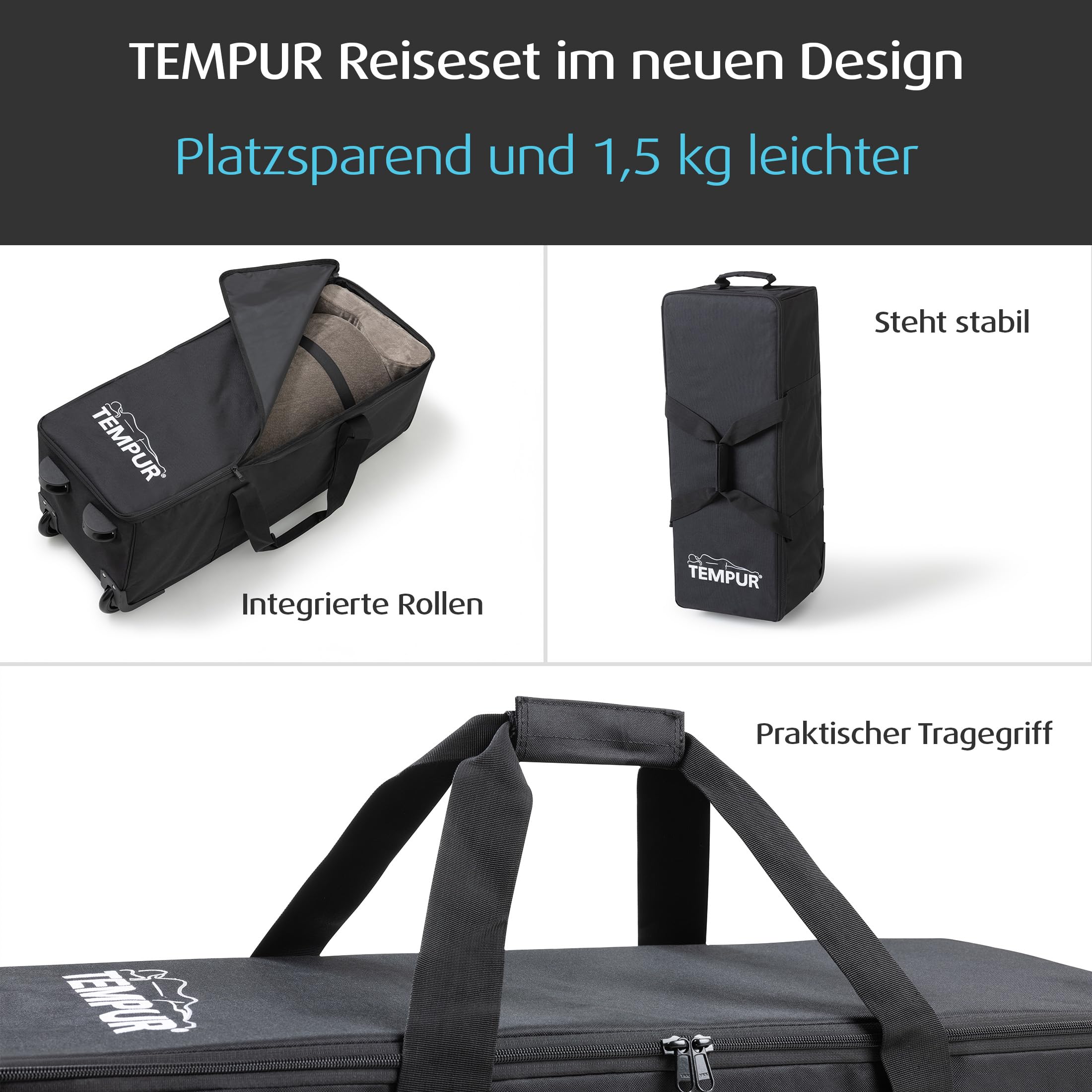 TEMPUR Reiseset 3-teilig mit praktischem Trolley, Reise-Nackenkissen sowie Reisematratze für Unterwegs, 5,5 kg, Anthrazit