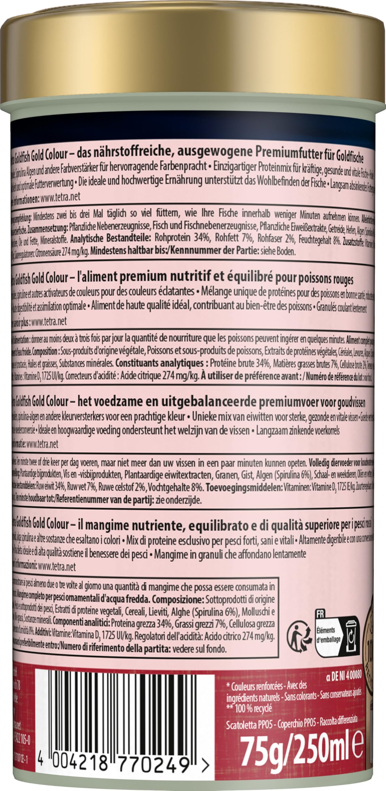 Tetra Goldfish Gold Colour - Mangime granulare premium per pesci rossi e altri pesci d'acqua fredda, lattina da 250 ml