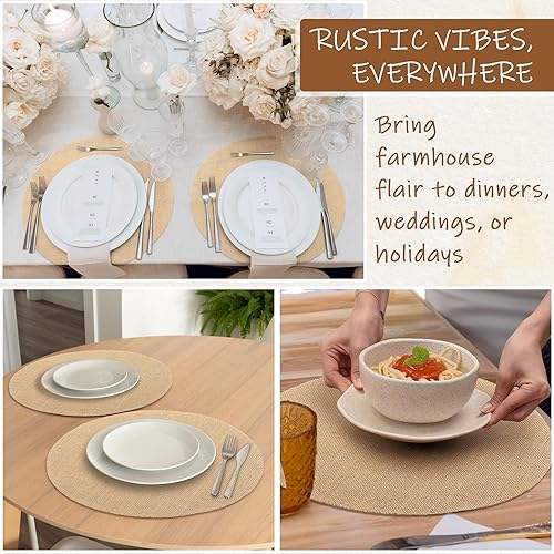 Miniatura 7 de 50 manteles individuales de arpillera de 15 pulgadas, redondos, reutilizables, color marrón, fibras de yute natural, manteles individuales