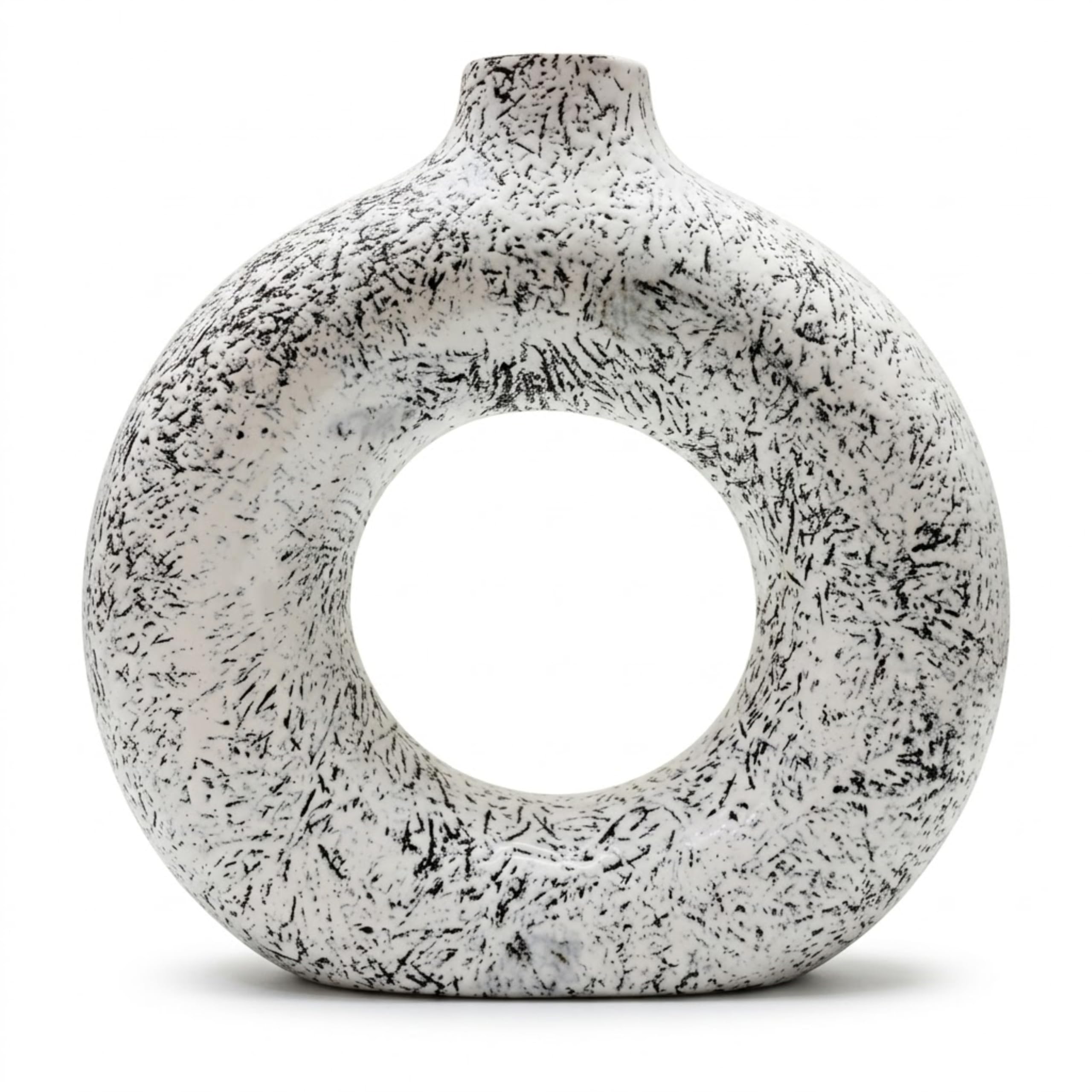 Modern Donut Vase for Home Decor | White & Black Textured Ceramic Flower Vase 8 Inch | Minimalist Nordic Hollow Round Decorative Vase for Living Room, Office, Bedroom & Center Table-picture-20