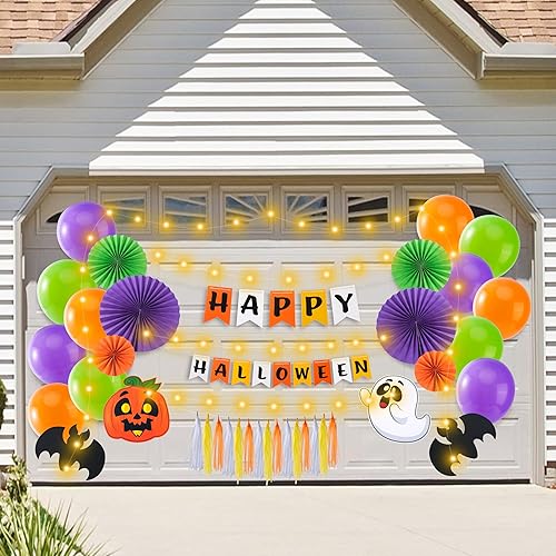 Miniatura 5 de JOYIN Kit de decoración de Halloween para maletero o automóvil con diseño temático feliz, decoración de arco de garaje con bandera, abanicos de