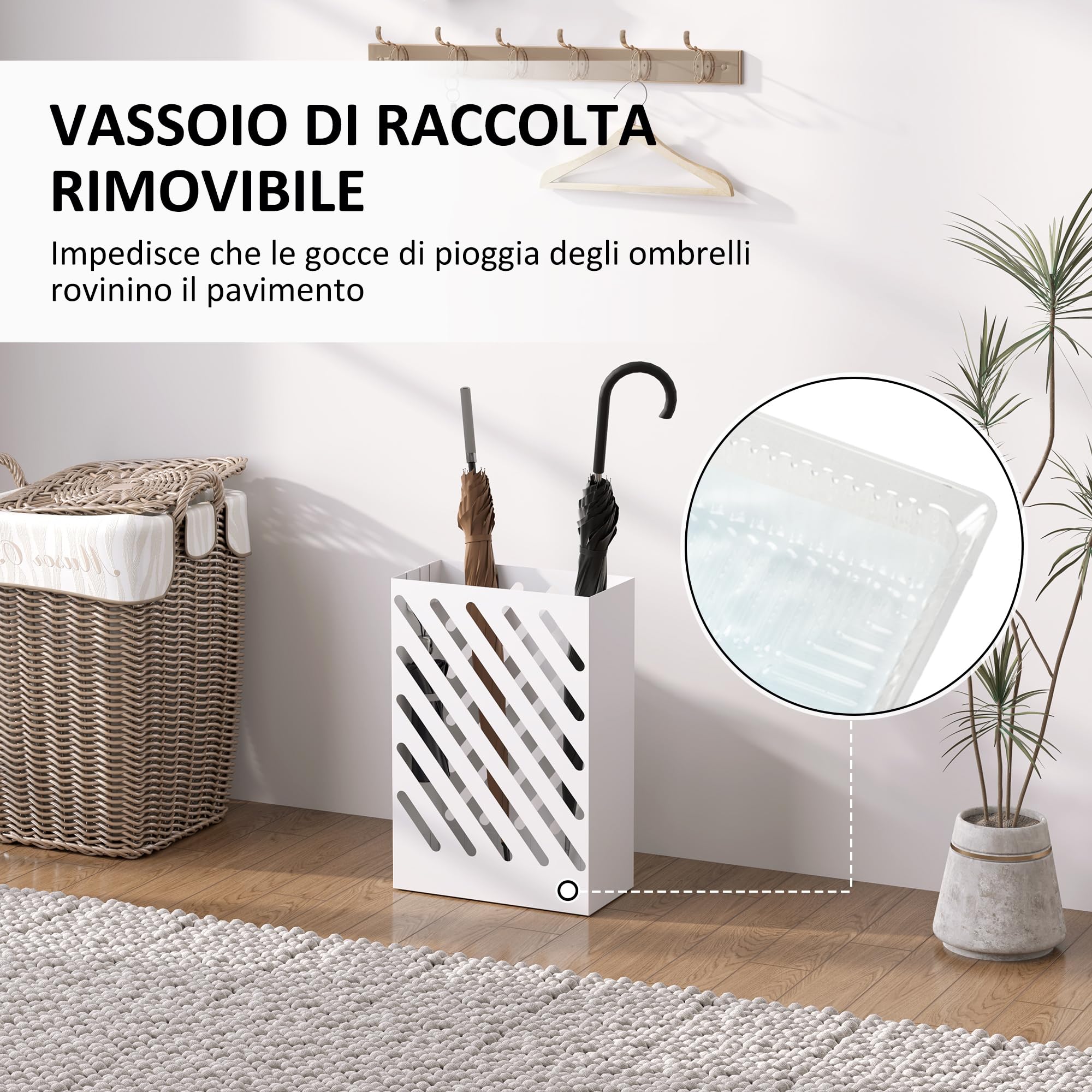 HOMCOM Portaombrelli Design Moderno con Vaschetta Raccogli Gocce, Porta Ombrelli in Acciaio Zincato con 4 Ganci per Ingresso e Corridoio, 28x14x41 cm, Bianco