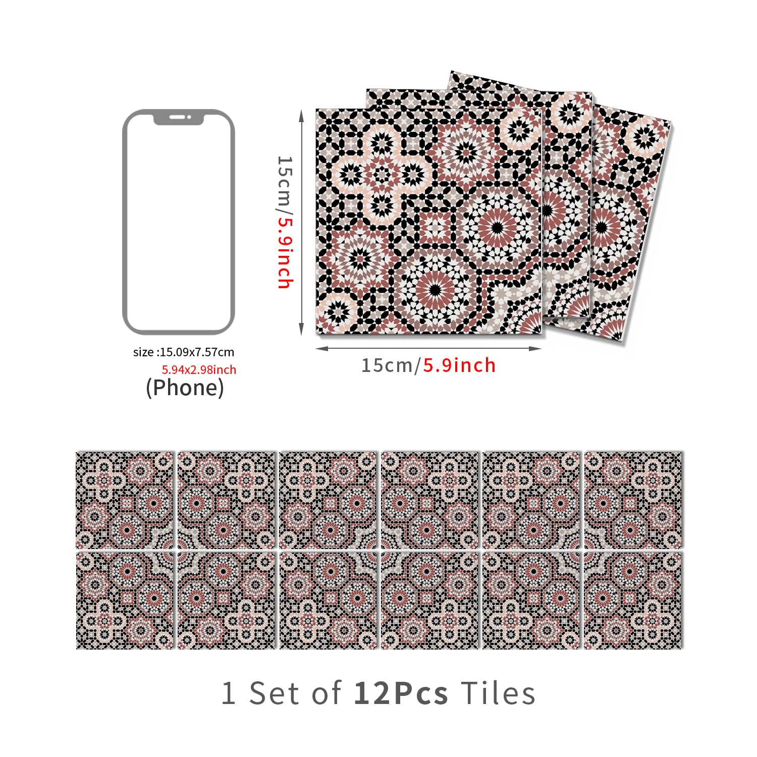 Piastrelle Adesive per Cucina e Bagno Grafica Rossa PVC Impermeabili, Pannelli Decorativi per Pareti, Mattonelle Adesive Facili da Applicare, Paraschizzi Cucina 24 PC(15x15cm)