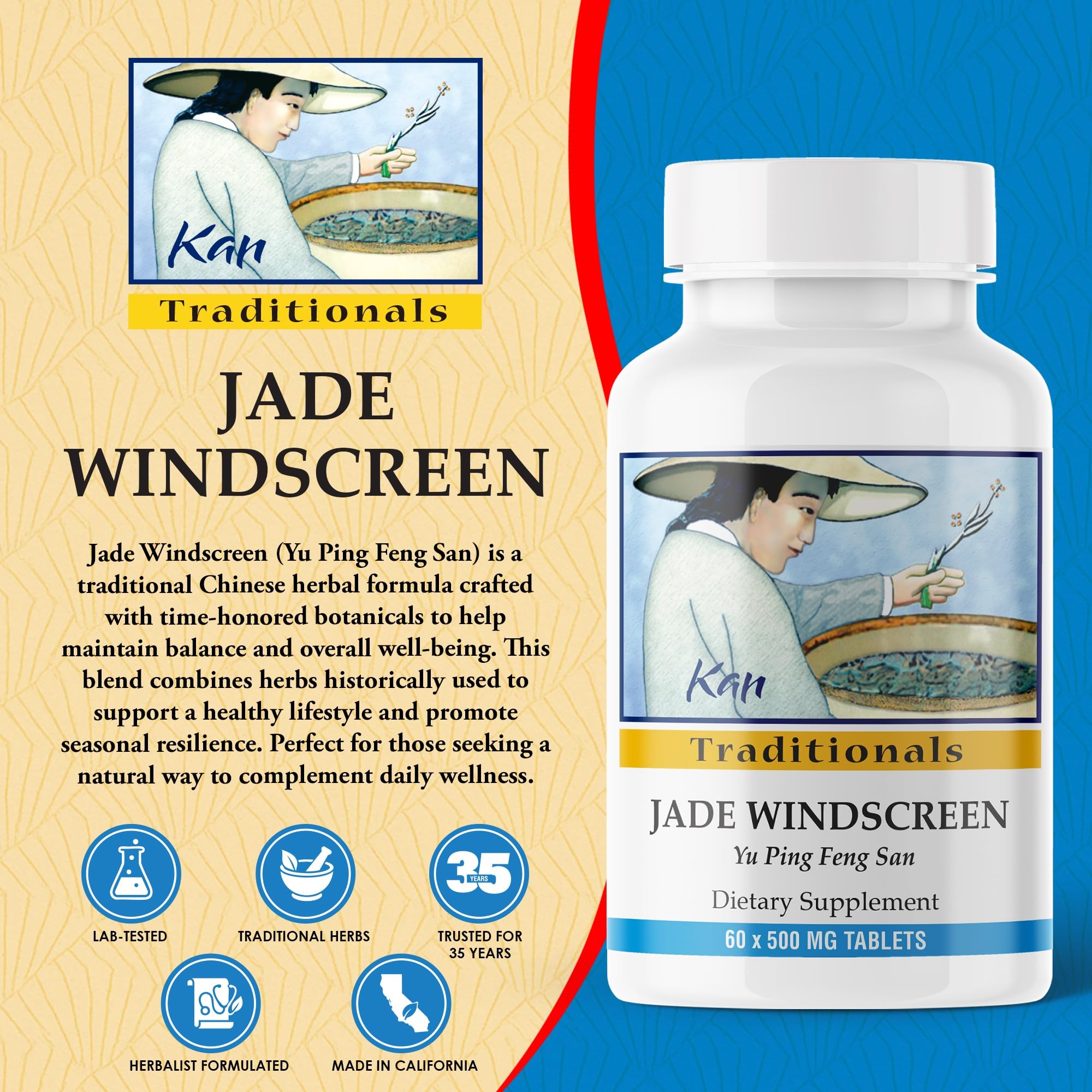 Kan Herbs Company Jade Windscreen – Traditional Chinese Herbal Blend with Astragalus & White Atractylodes to Support Wei Qi, Lung Qi Balance & Everyday Wellness, Yu Ping Feng San Formula, 60 Tablets — Amazon image 2