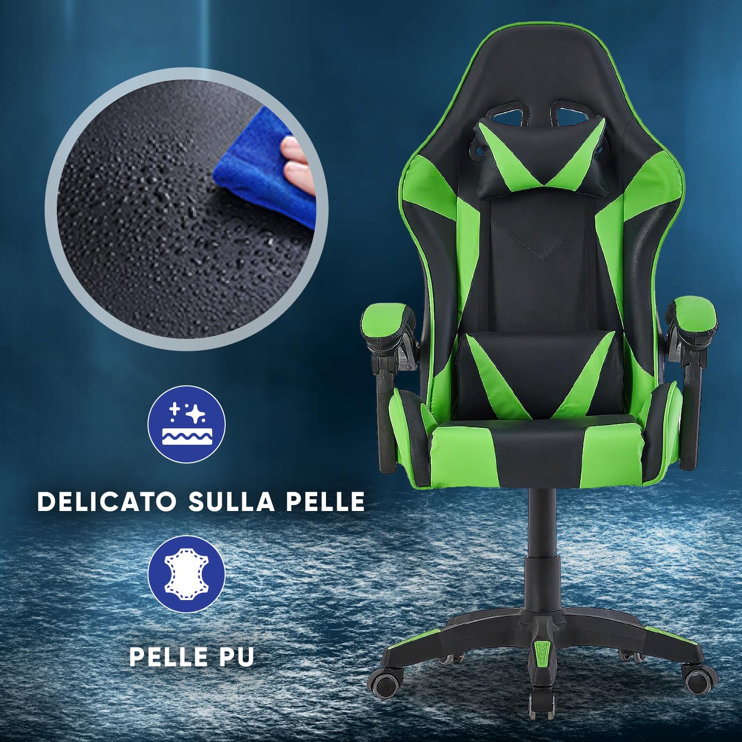 Walden Sedia da gaming, ergonomica, da ufficio, da gaming, schienale regolabile, sedia girevole da corsa, ufficio, computer, ergonomica, videogioco (Verde)