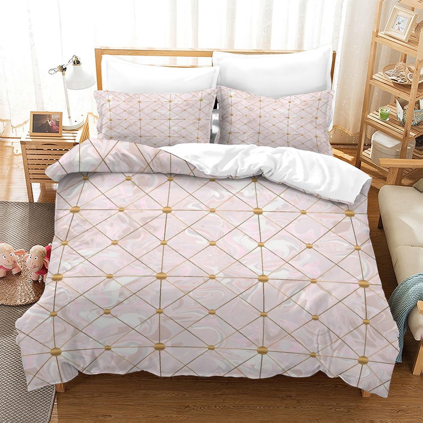 GDEKCIEAS Gold Lines And Marble Duvet Cover 3D Bedding Quilt Cover Duvet Cover Soft Microfiber Comforter Cover 3Pcs for Teens Adults Kids Single（140x200cm）