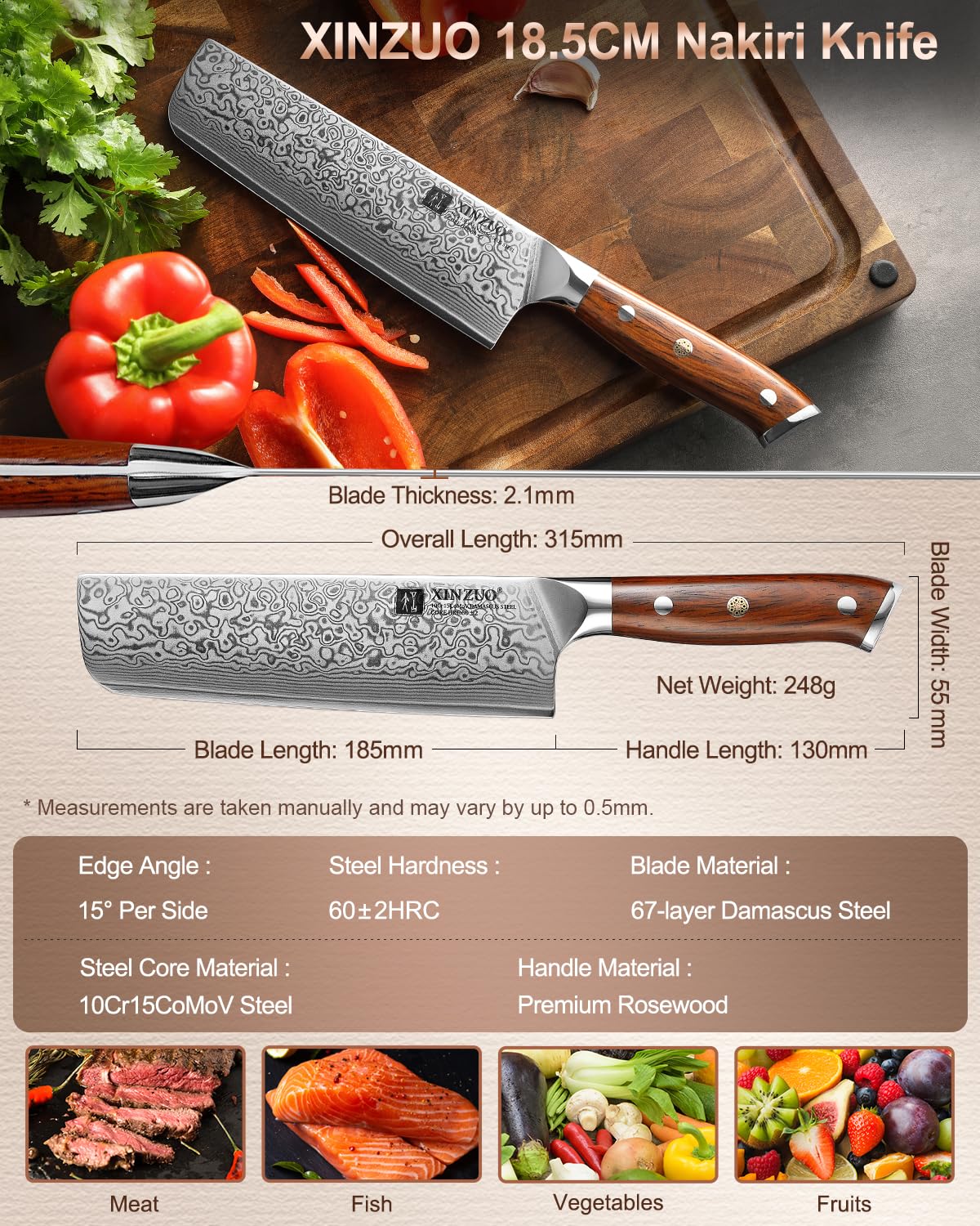 XINZUO 18.5cm Acier Damas Couteau Nakiri, Tranchants Couteaux de Cuisine Acier Damas 67 Couches Couteau de Chef, Convient pour la Viande, les Légumes et les Fruits -Poignée Bois de Rose